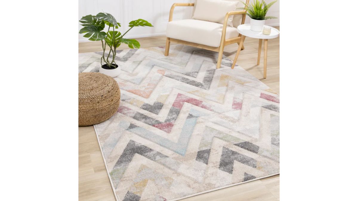 Folio Cream Grey Blue Pink Yellow Distressed Carved Chevron Rug