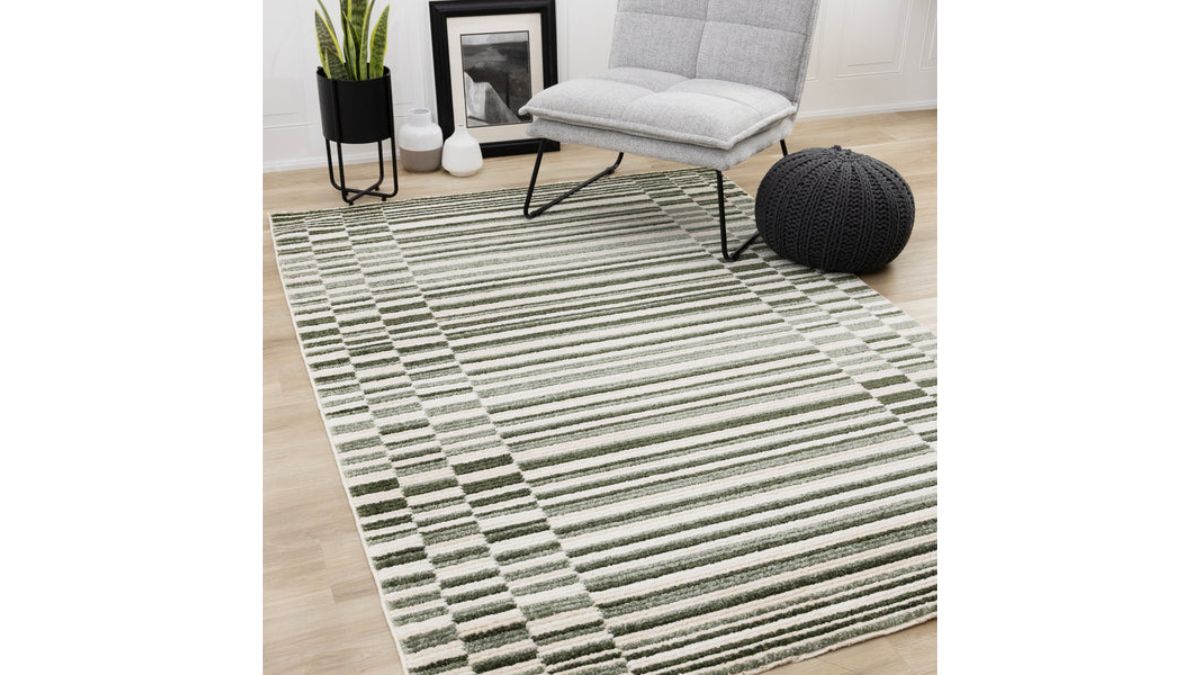 Nala Green Cream Striped Rows Pattern Rug