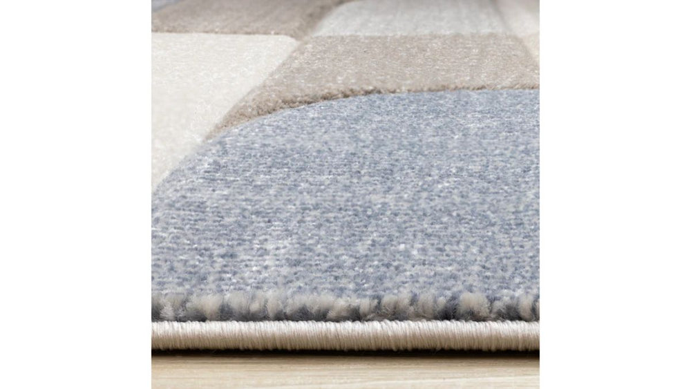 Folio Blue Beige Grey Rounded Geoemetric Overlay Striped Design Rug