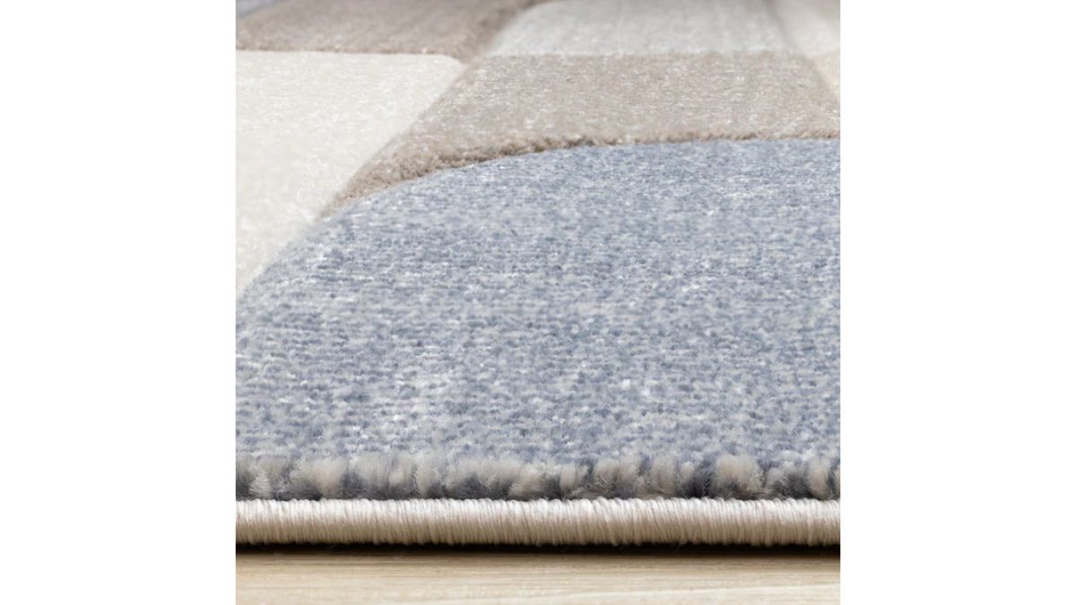 Folio Blue Beige Grey Rounded Geoemetric Overlay Striped Design Rug