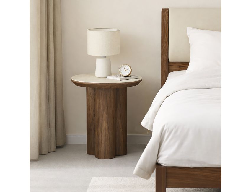 Seaton Round Accent Table in Walnut and Travertine