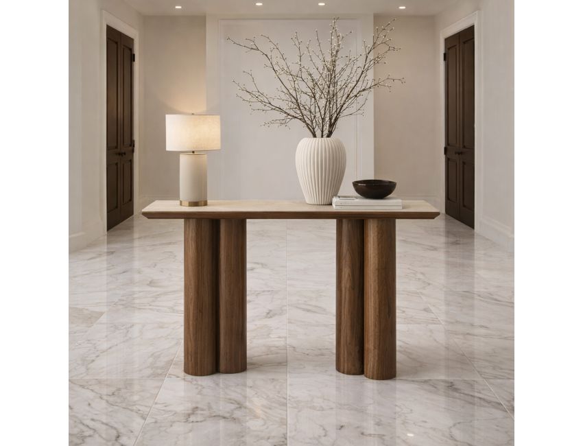 Seaton Console Table, 47.25" in Walnut and Travertine
