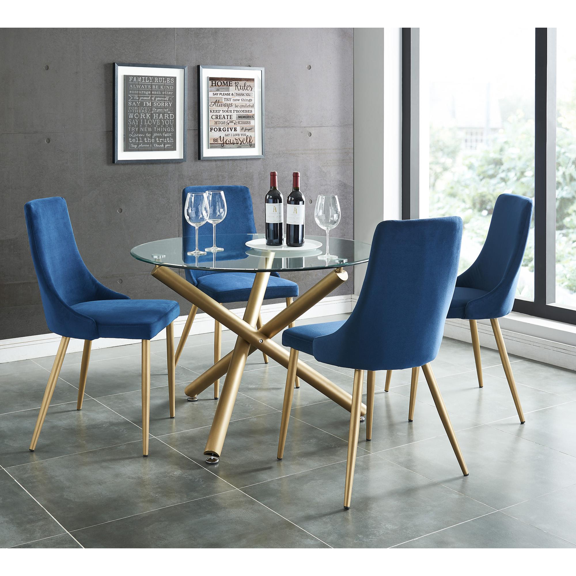  Worldwide Home Furnishings Carmilla 207-353GD_BLU 5 pc Dining Set - Aged Gold with Blue Chair IMAGE 1