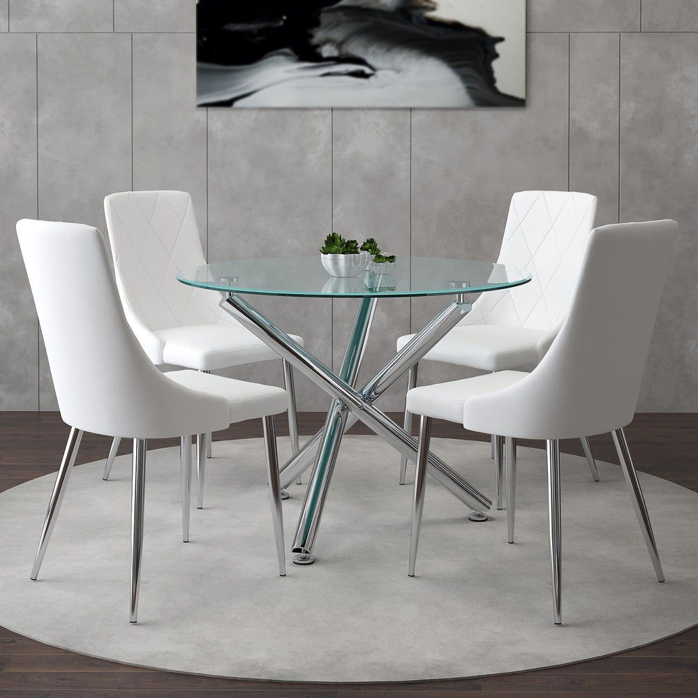  Worldwide Home Furnishings Solara/Devo 207-160_087WT 5 pc Dining Set - Chrome with White Chair IMAGE 1