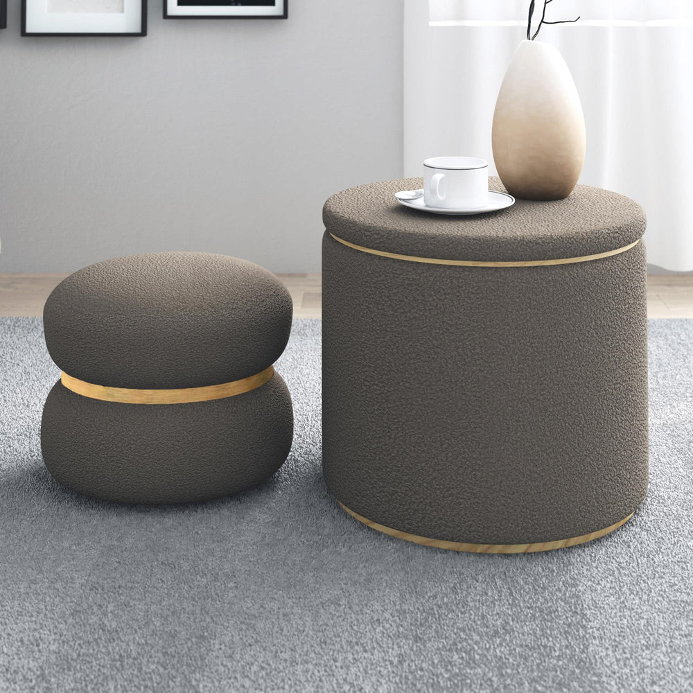  !nspire Cecily 402-951WGY 2 pc Round Ottoman w/Storage - Warm Grey Boucle IMAGE 2