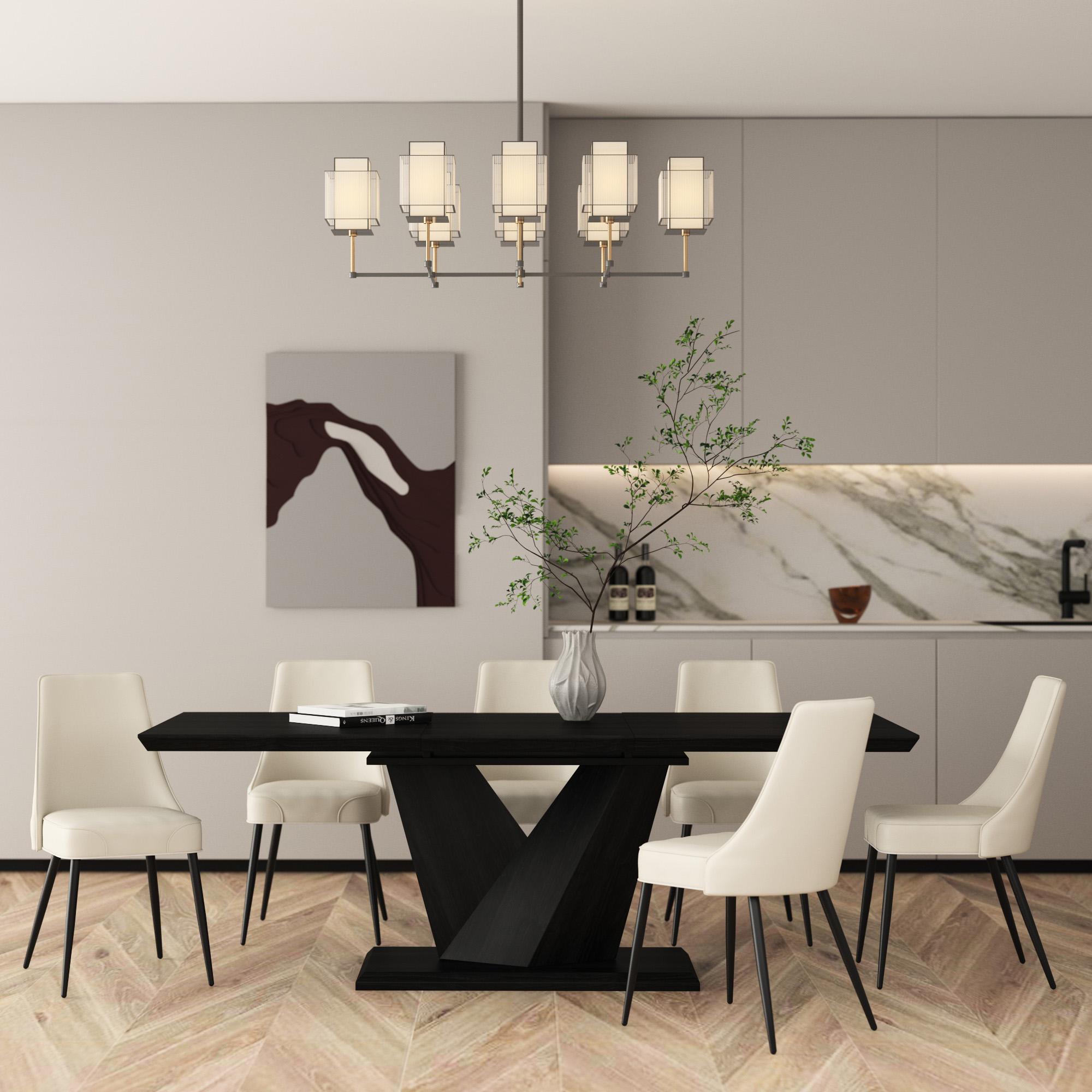  Worldwide Home Furnishings Eclipse/Koda 207-860BK_158PUBG 7 pc Dining Set - Black Table with Beige Chair IMAGE 1
