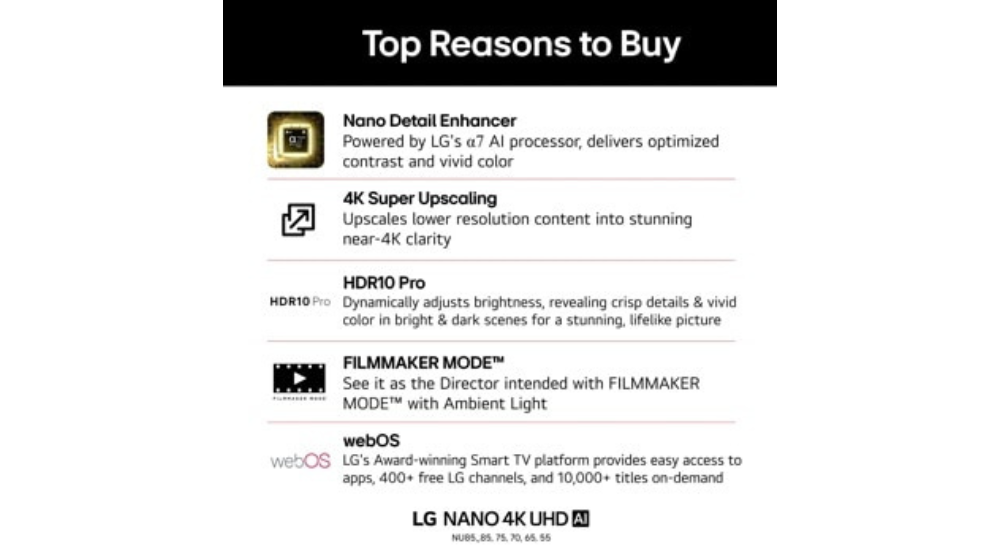85" LG NANO 4K UHD AI NU85 Smart TV (85NU850BPUA)-2026