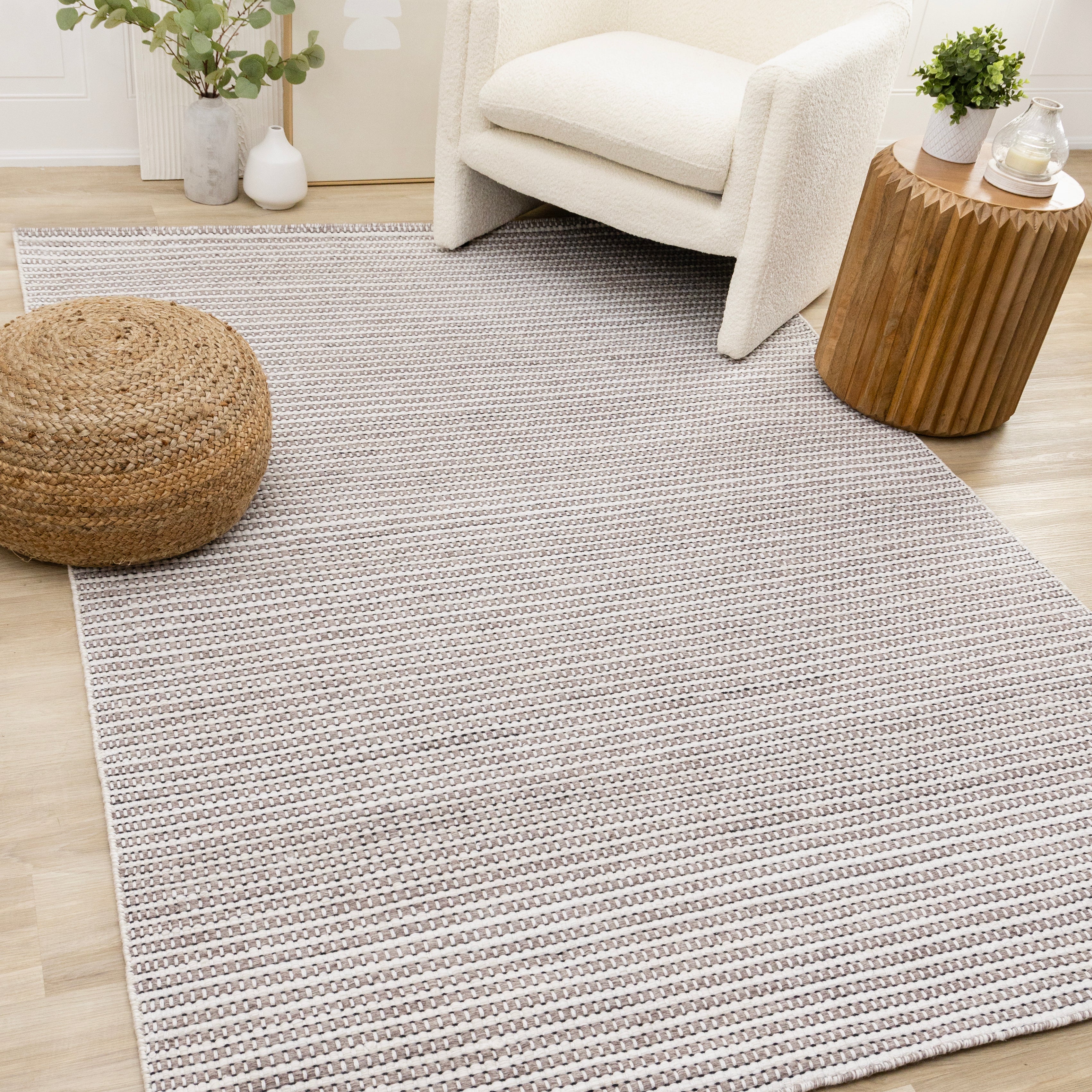 Aspen White Taupe Black Stripe Pattern Woven Rug