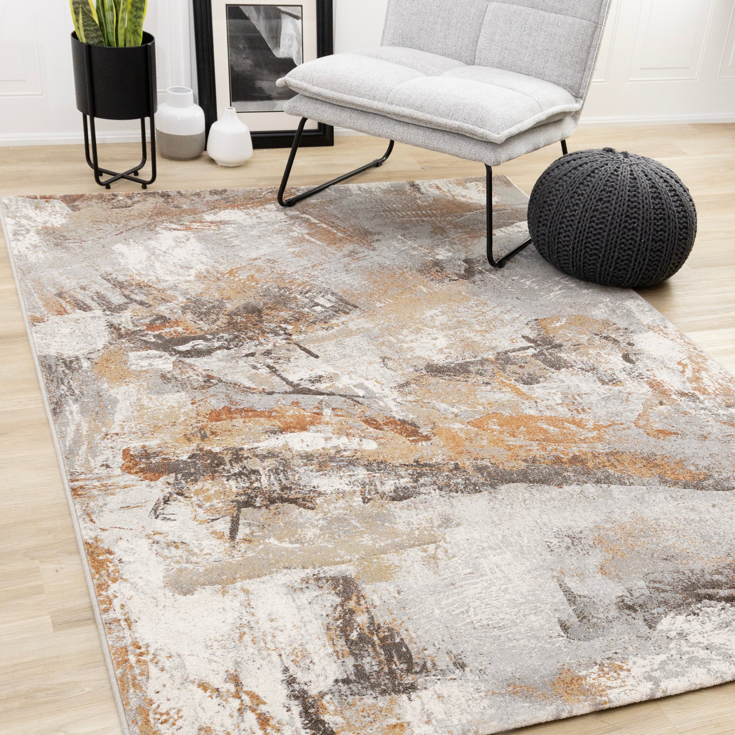 Aurora Grey Orange White Distressed Abstract Rug