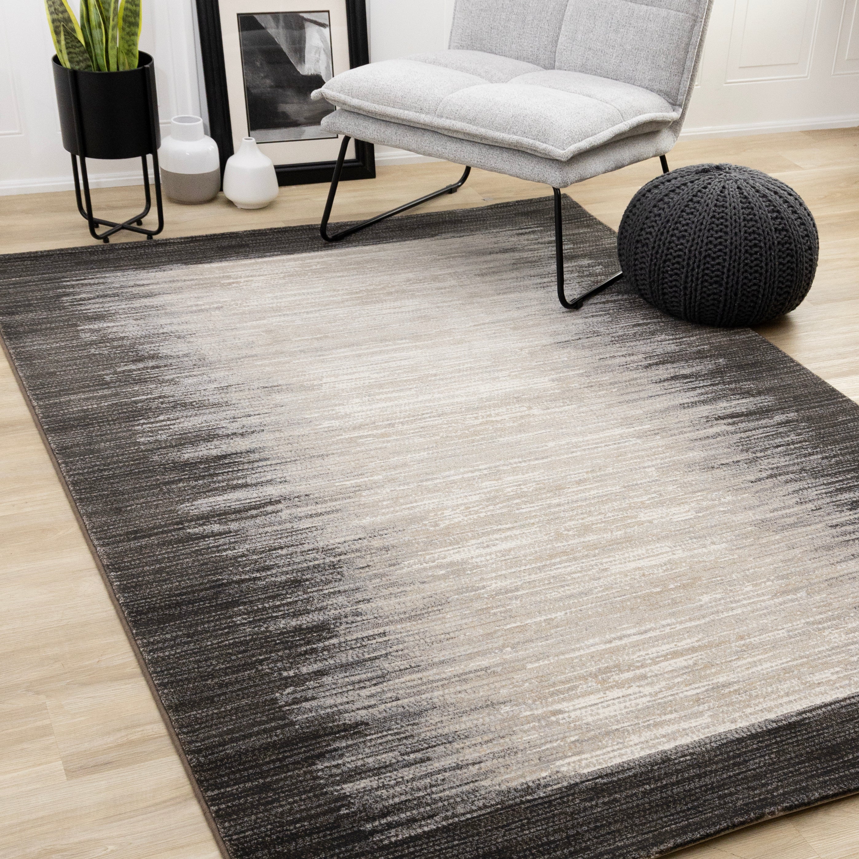 Aurora Black Beige Distressed Sound Wave Border Rug