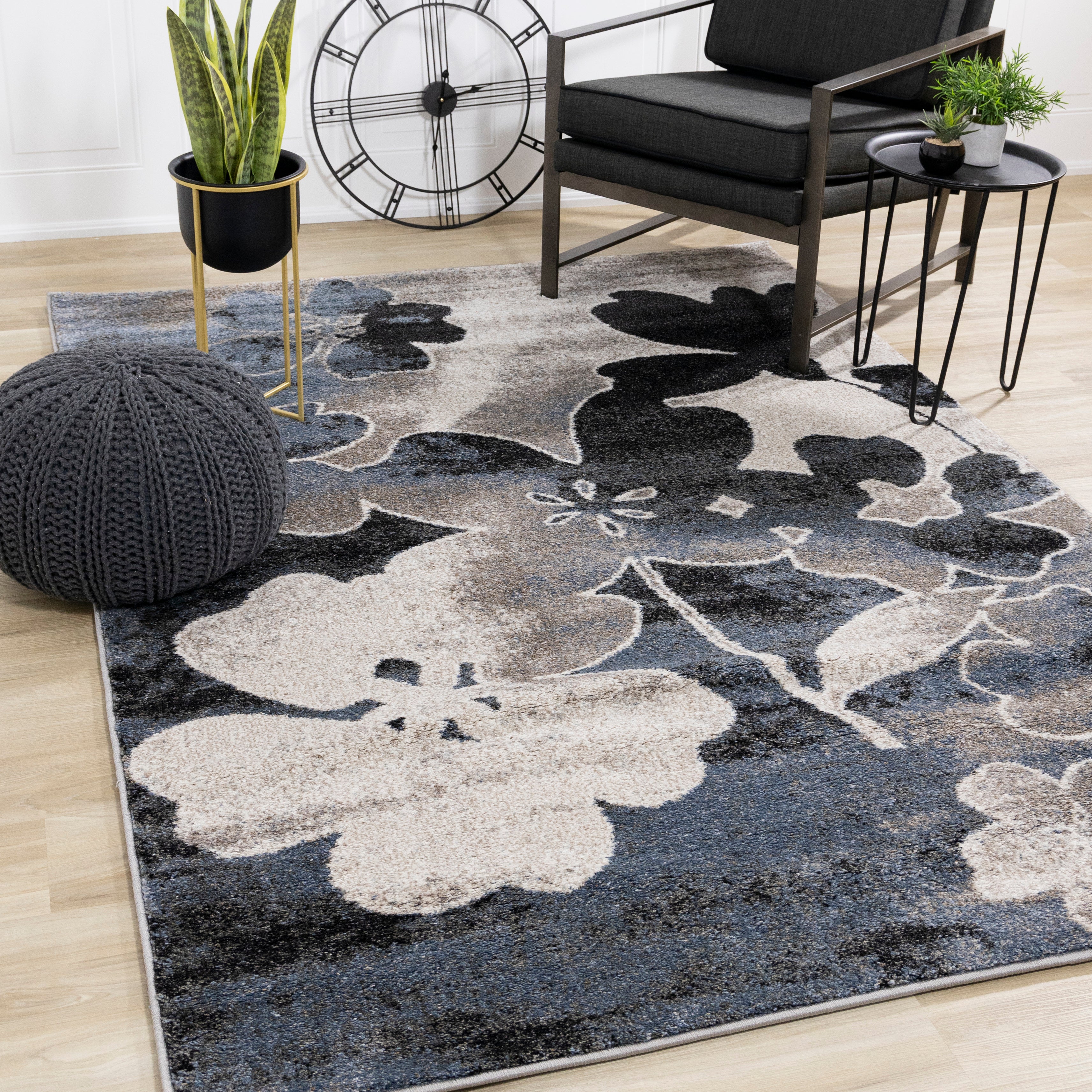 Breeze Blue Cream Black Poppies Rug