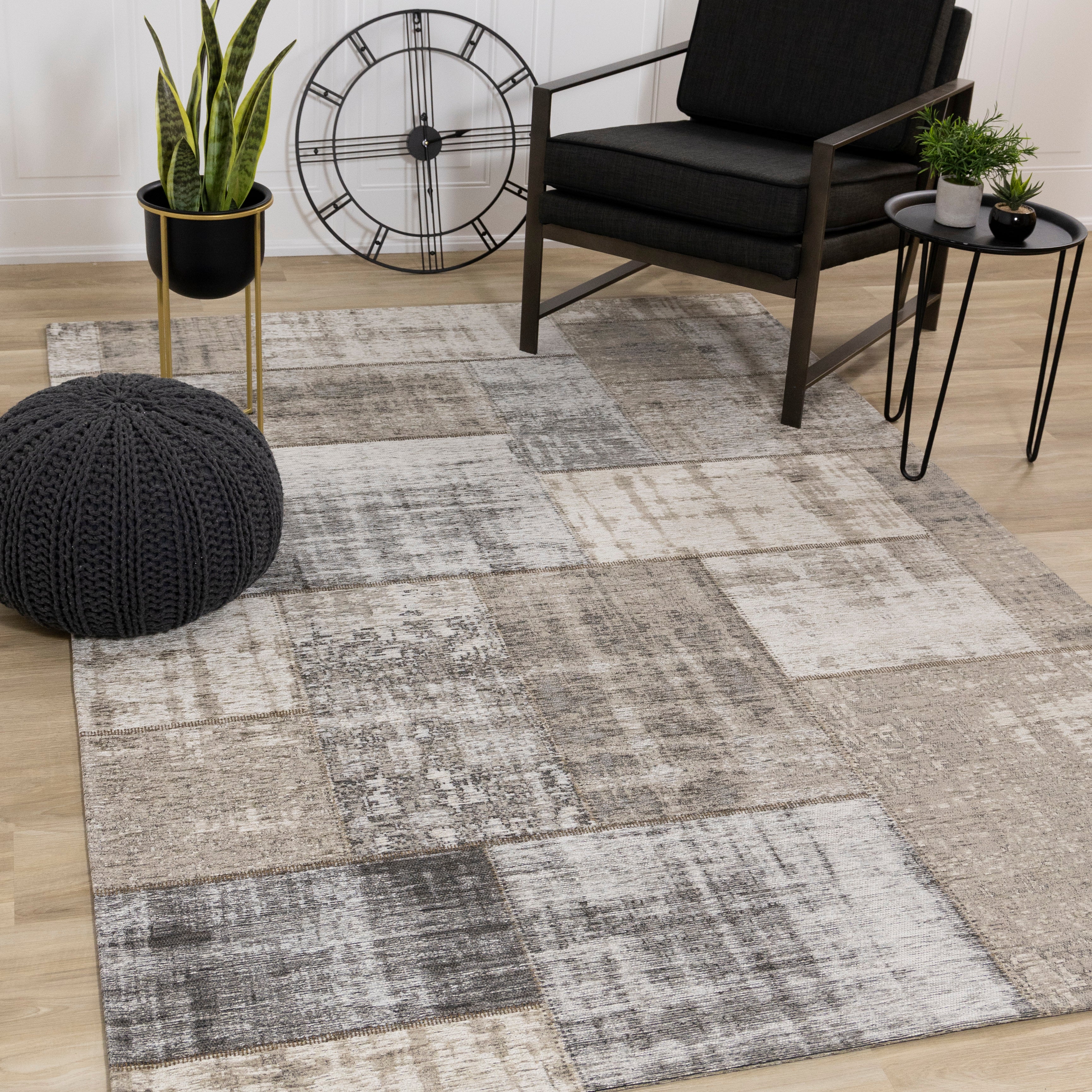 Cathedral Grey Cream Distressed Patchwork Rug