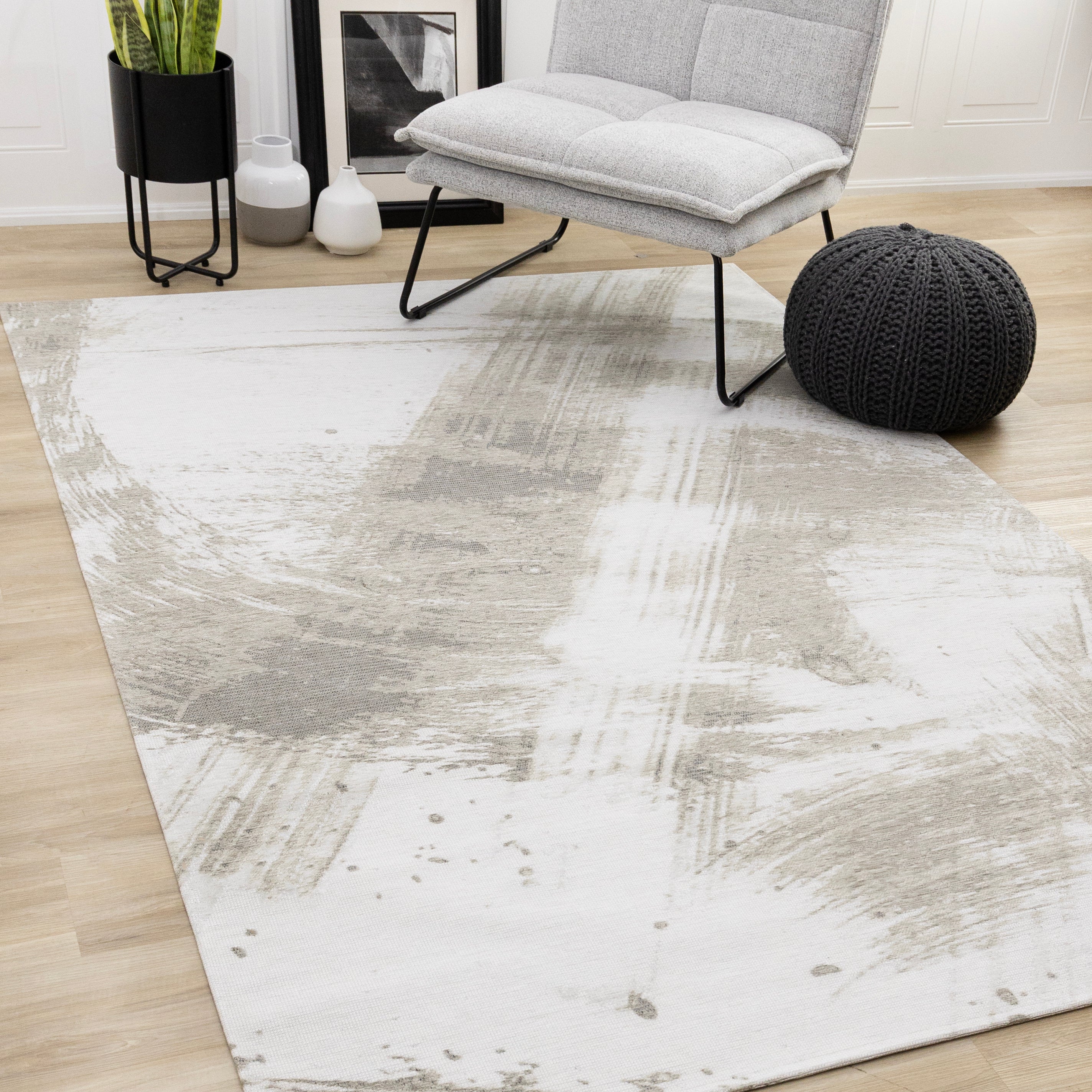 Cathedral White Taupe Beige Brush Strokes Rug