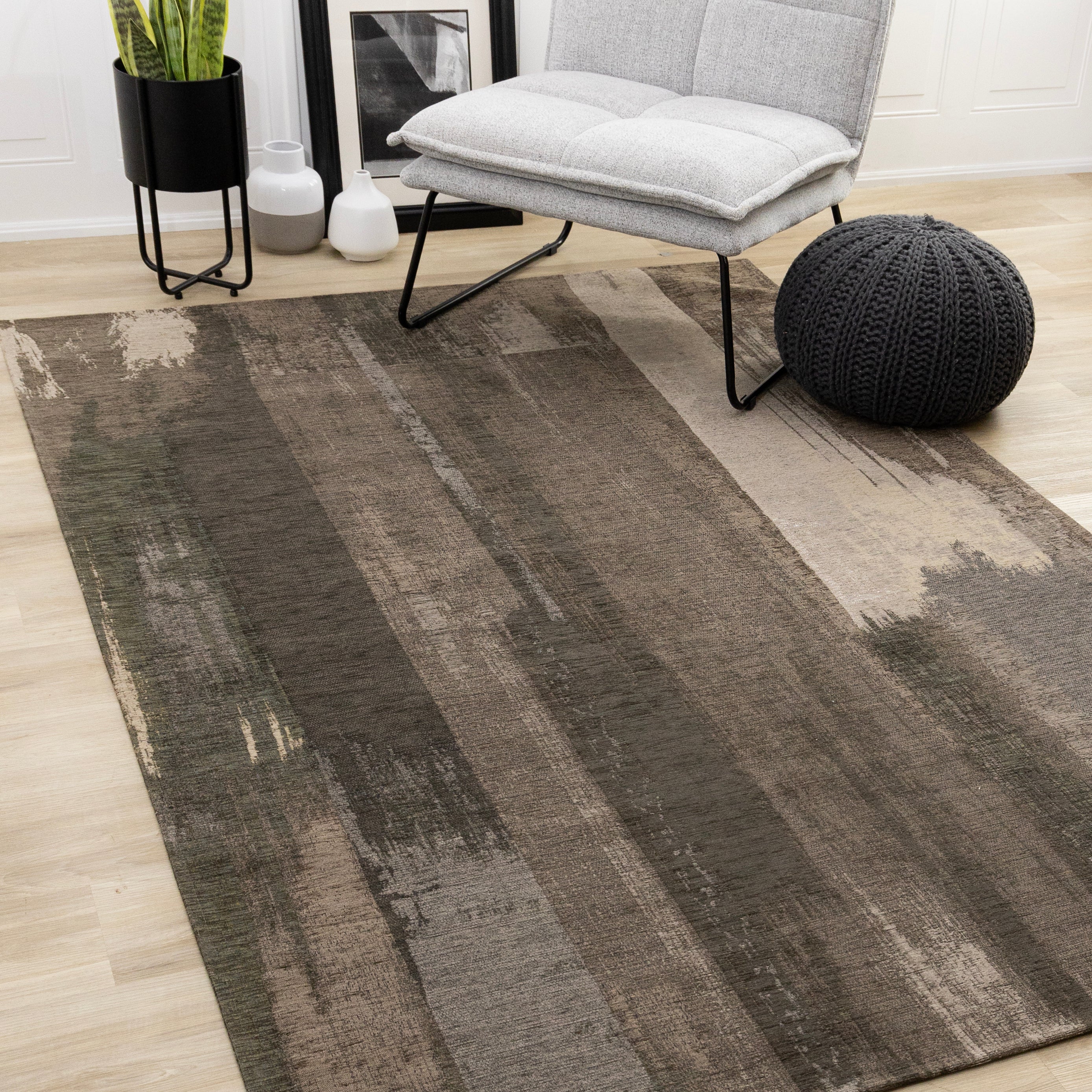 Cathedral Brown Black Green Distressed Brush Strokes Rug