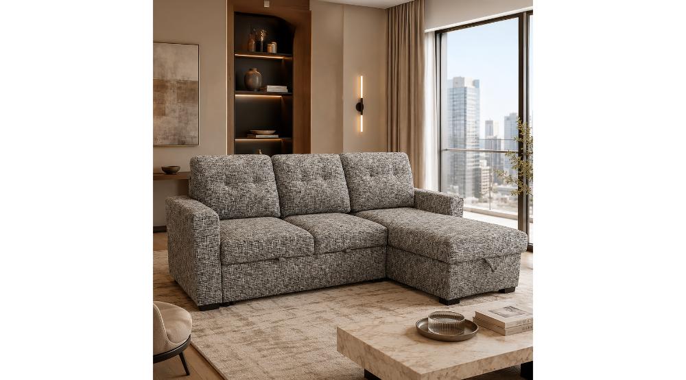 Draga Sofa with Reversible Chaise & Bed & Storage in Warm Grey
