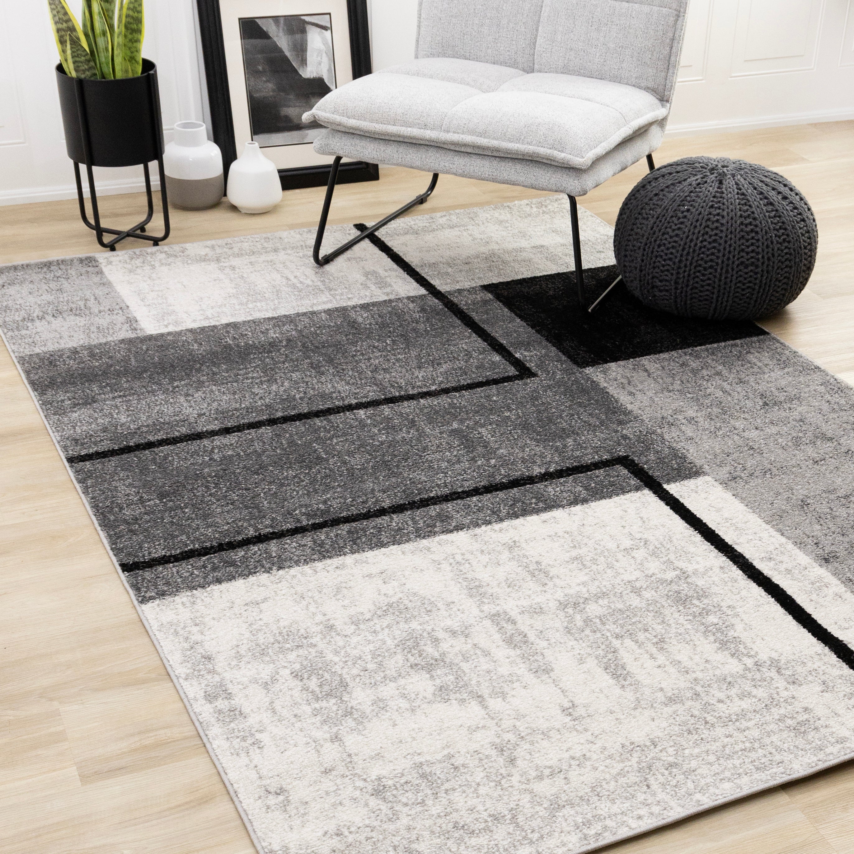 Eclipse Grey Black White Modern Geometric Design Rug