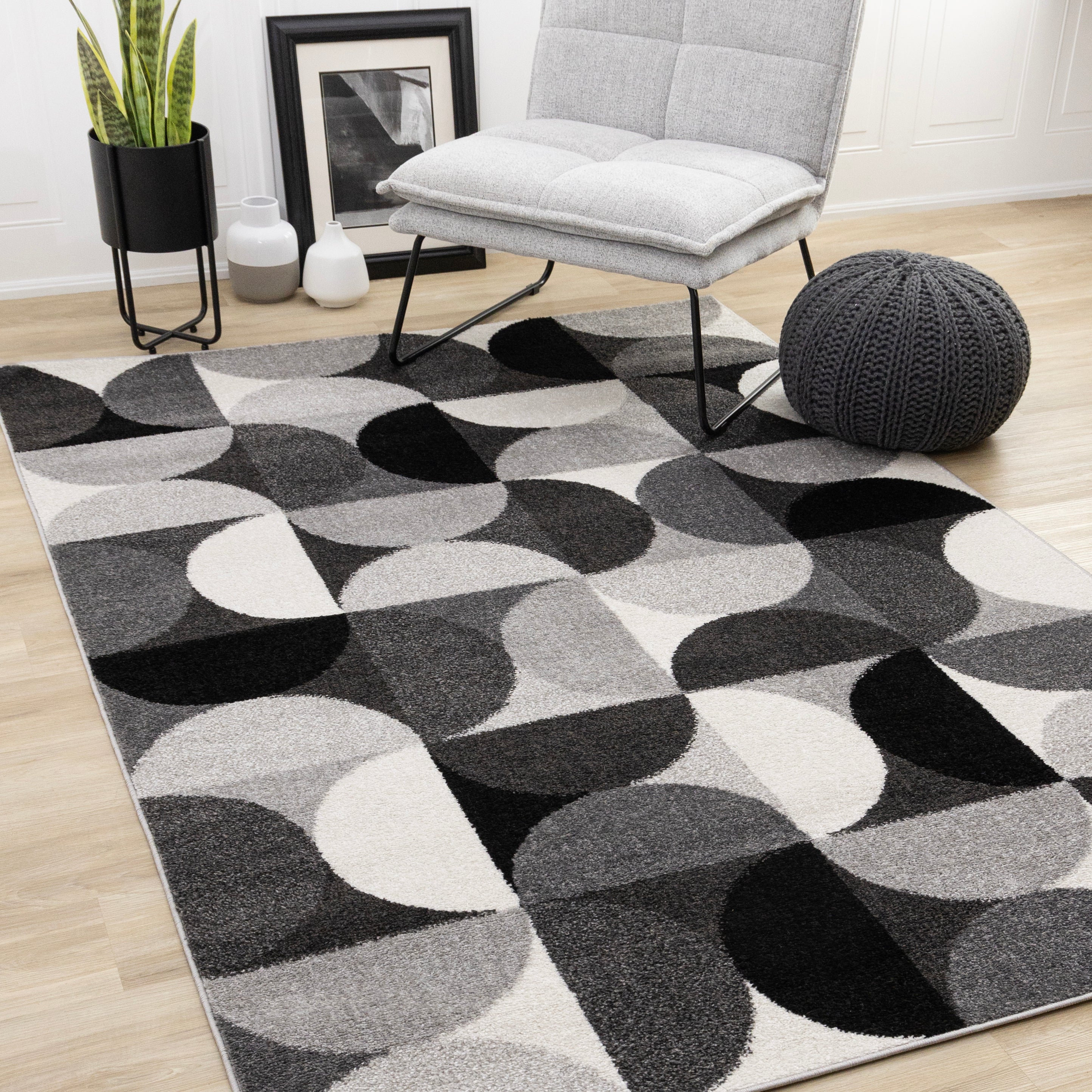 Eclipse Grey Black White Mid-Century Modern Design Rug