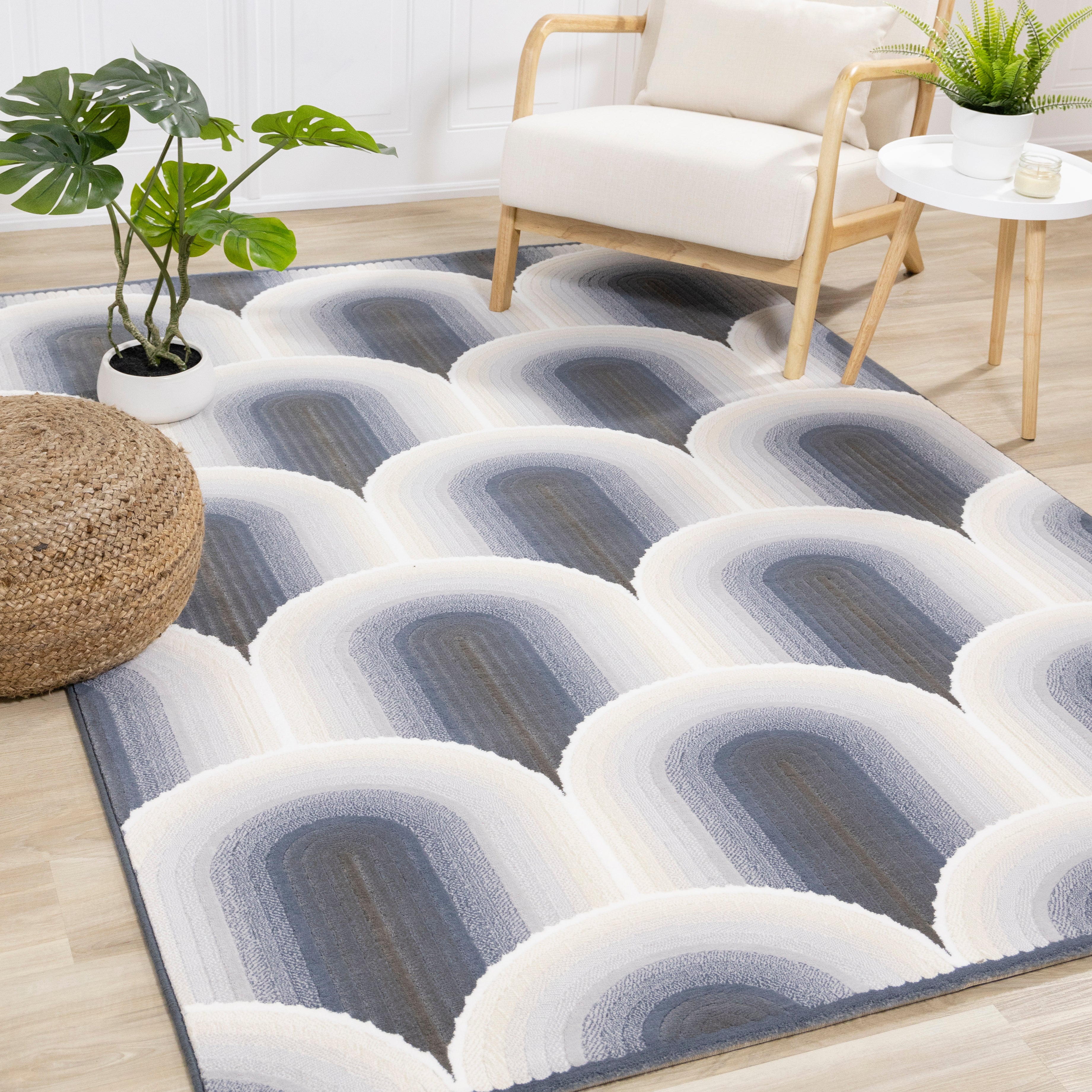 Ella Cream Blue Grey Ombre Geometric Plush Rug