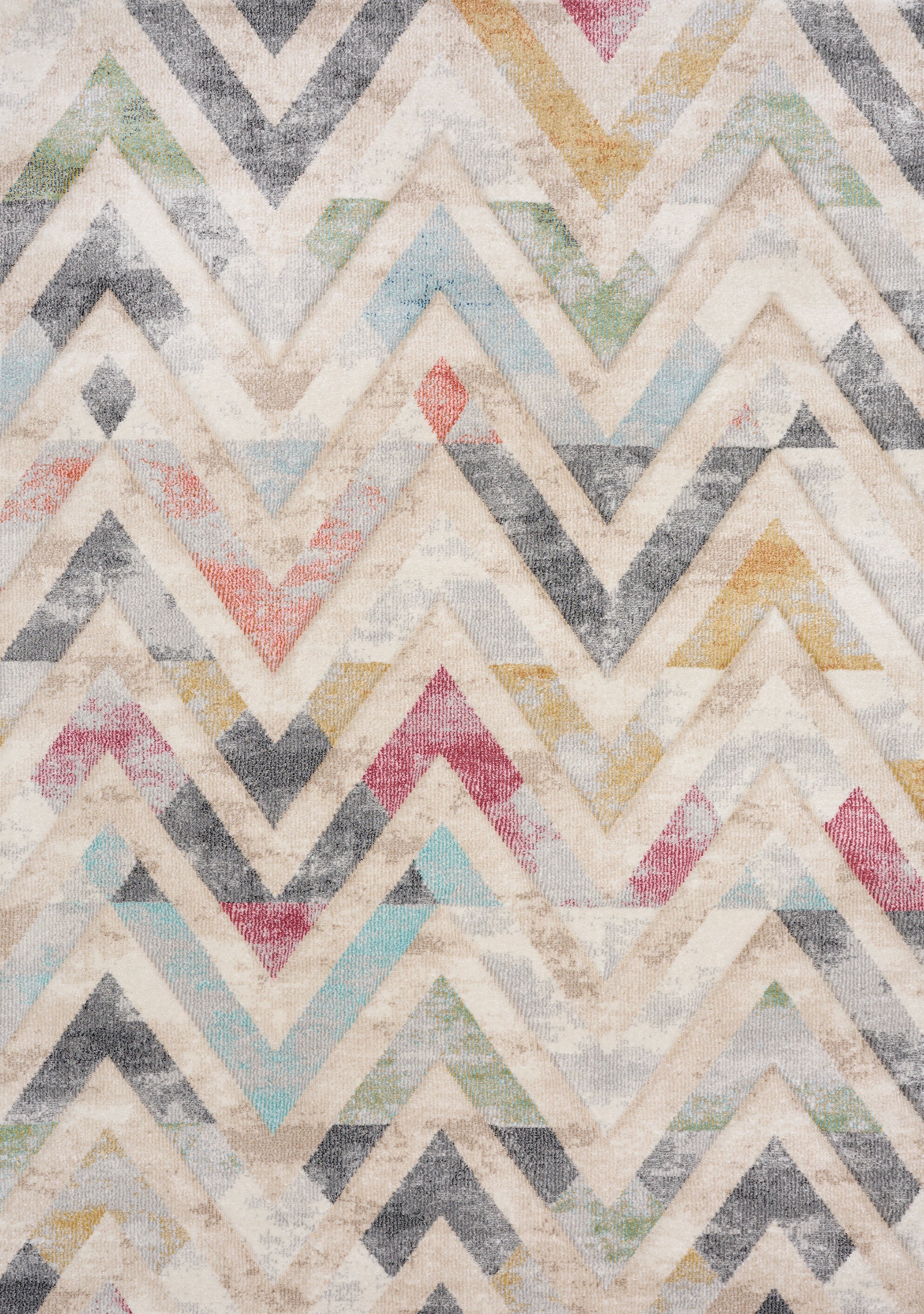 Folio Cream Grey Blue Pink Yellow Distressed Carved Chevron Rug