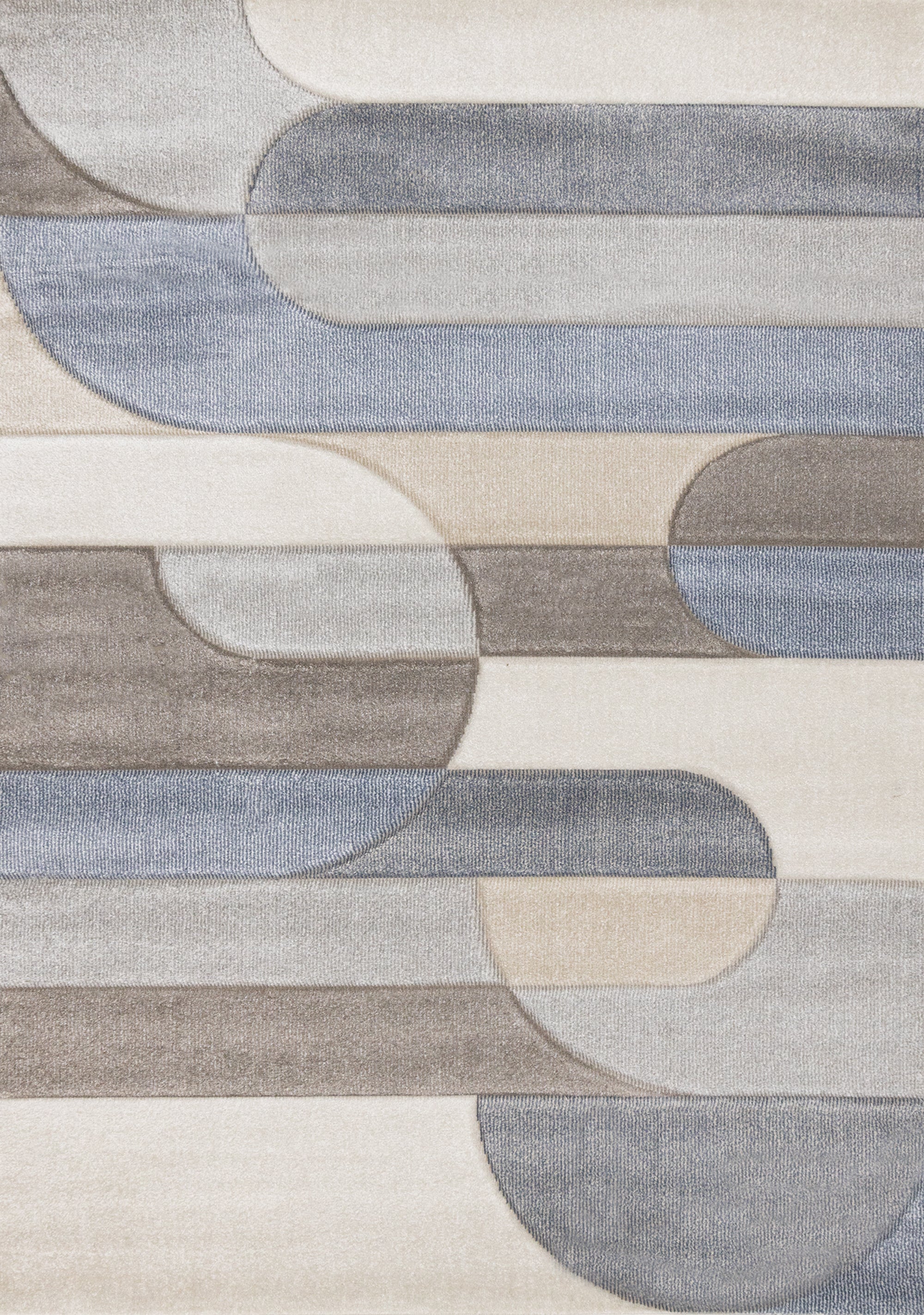 Folio Blue Beige Grey Rounded Geoemetric Overlay Striped Design Rug