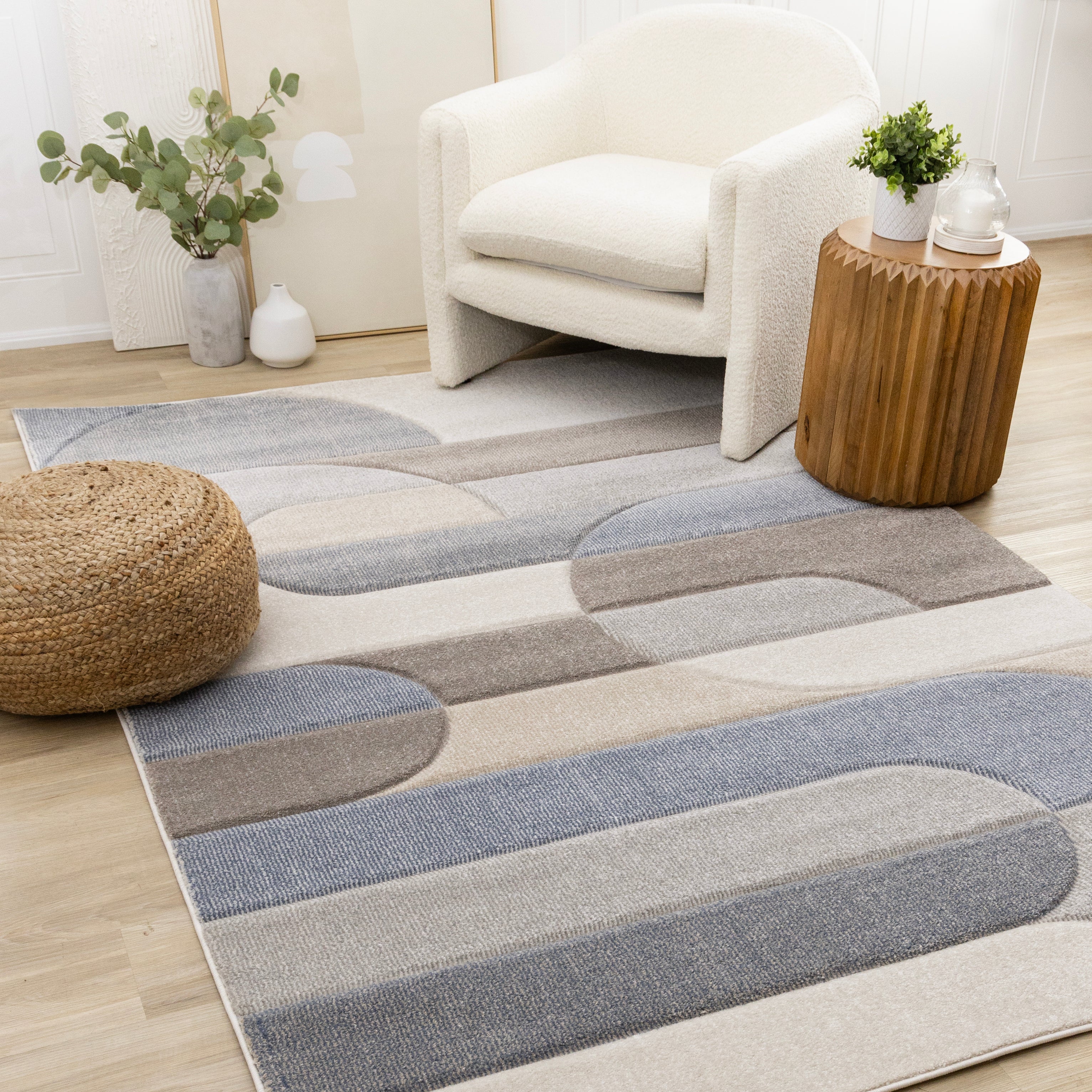 Folio Blue Beige Grey Rounded Geoemetric Overlay Striped Design Rug