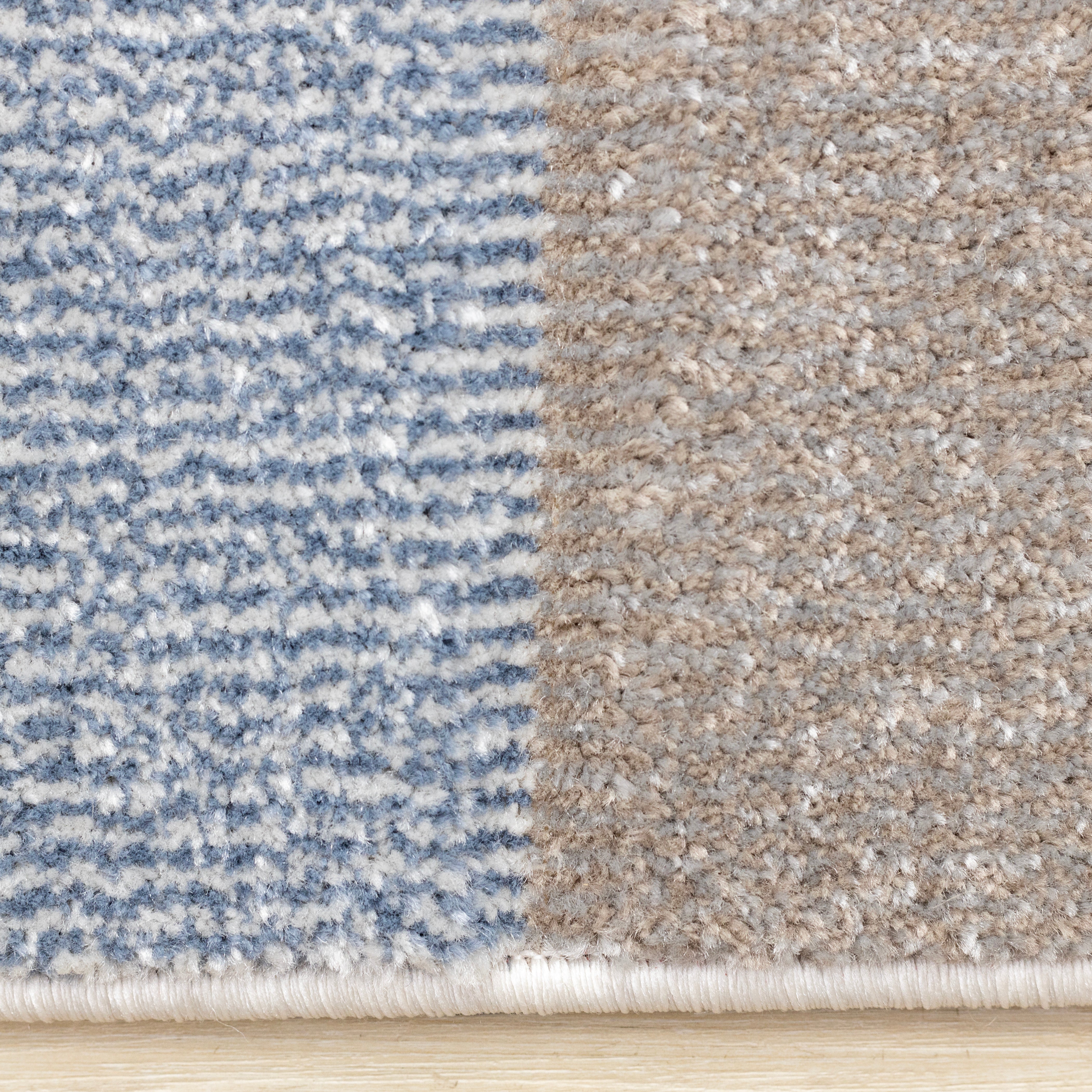 Folio Blue Beige Grey Rounded Geoemetric Overlay Striped Design Rug