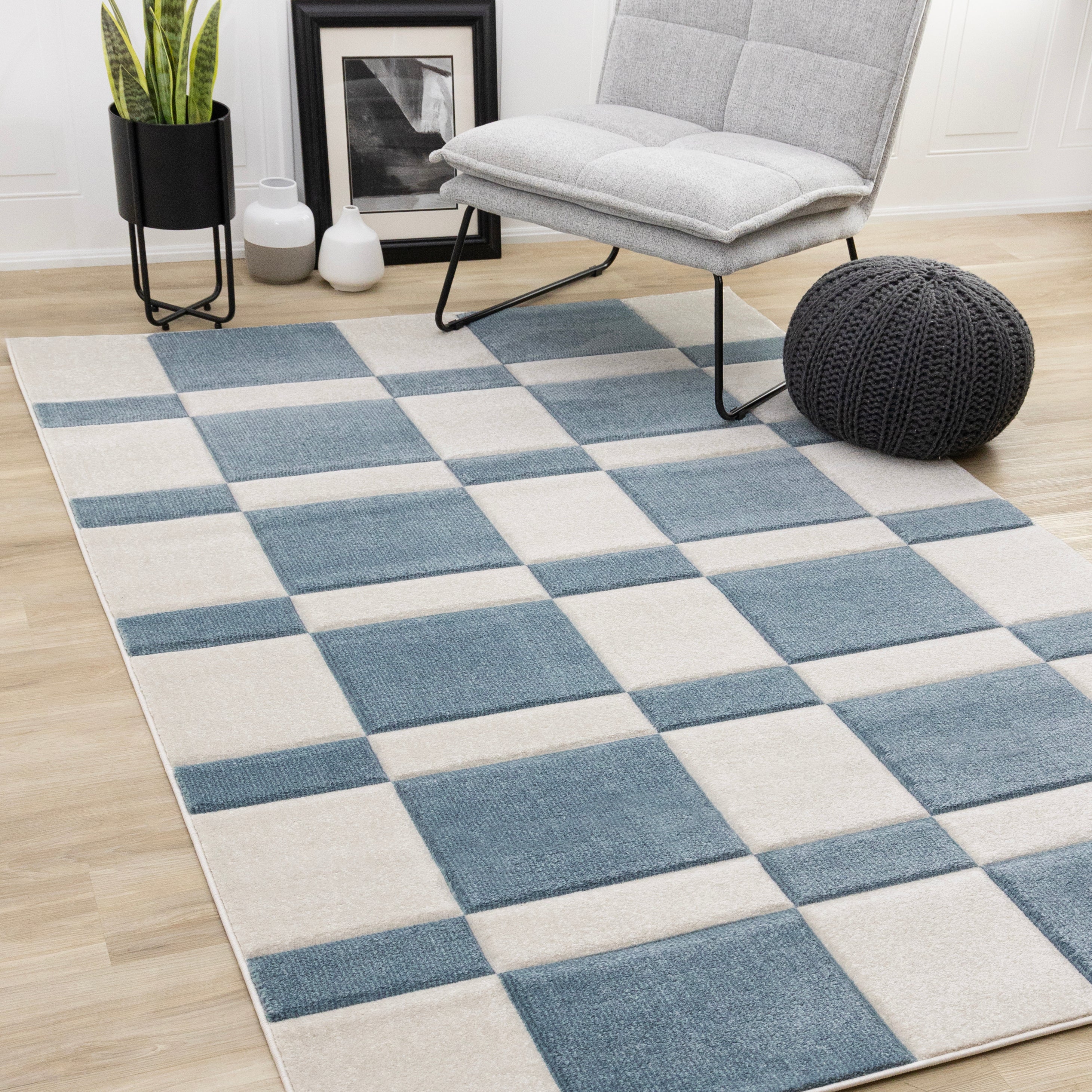 Folio Blue White Banded Rectangle Pattern Rug