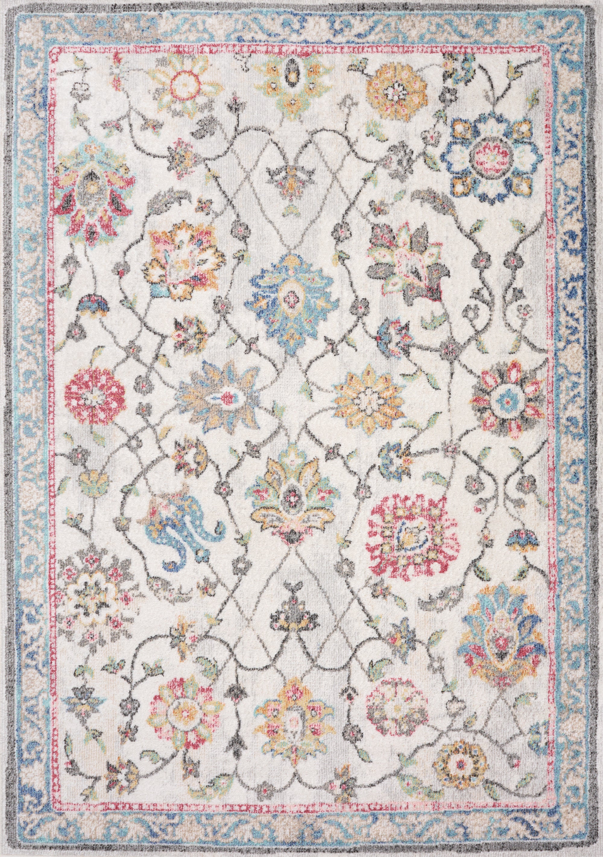 Fresco Cream Grey Pink Yellow Orange Floral Border Rug