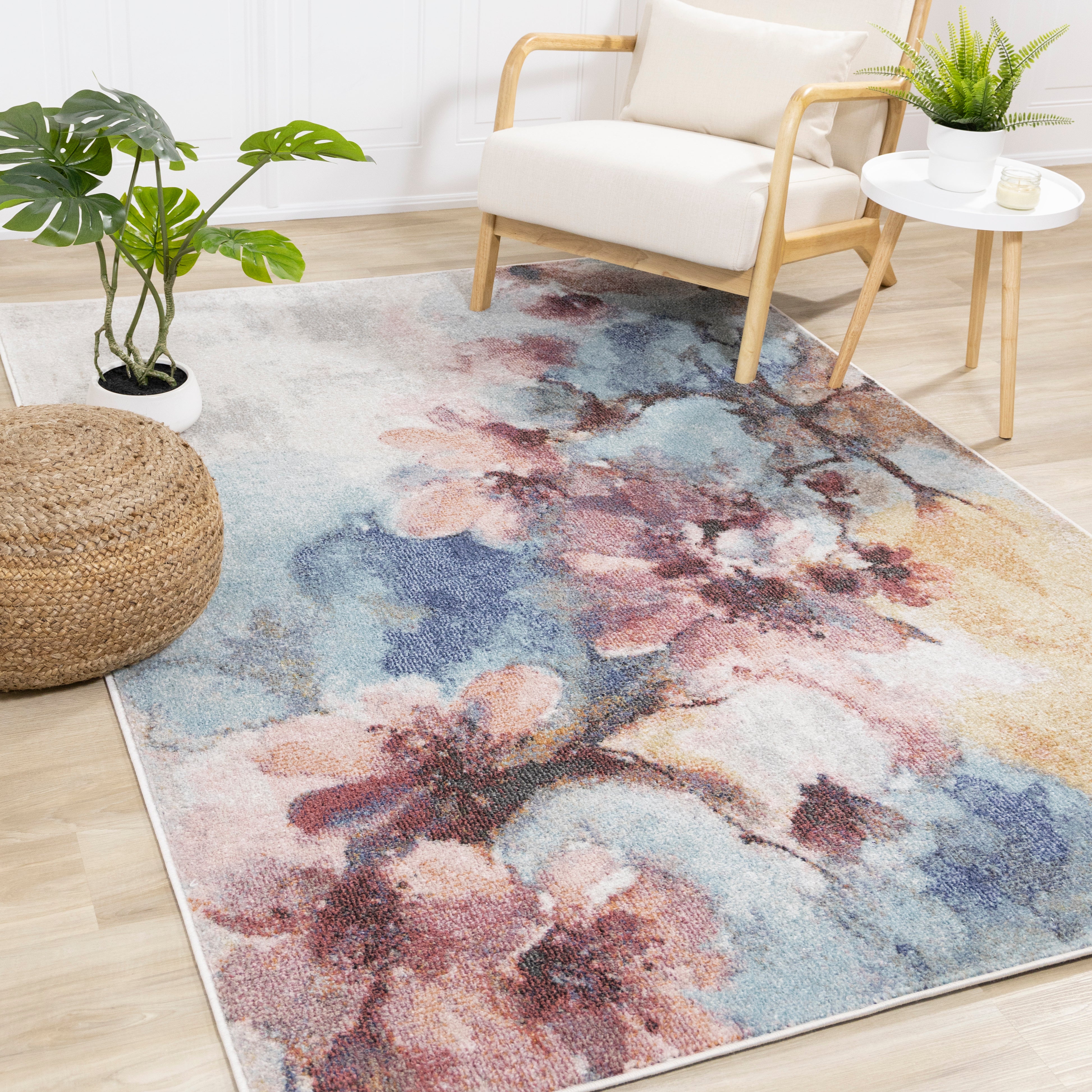 Fresco Blue Pink Yellow Cherry Blossom Rug