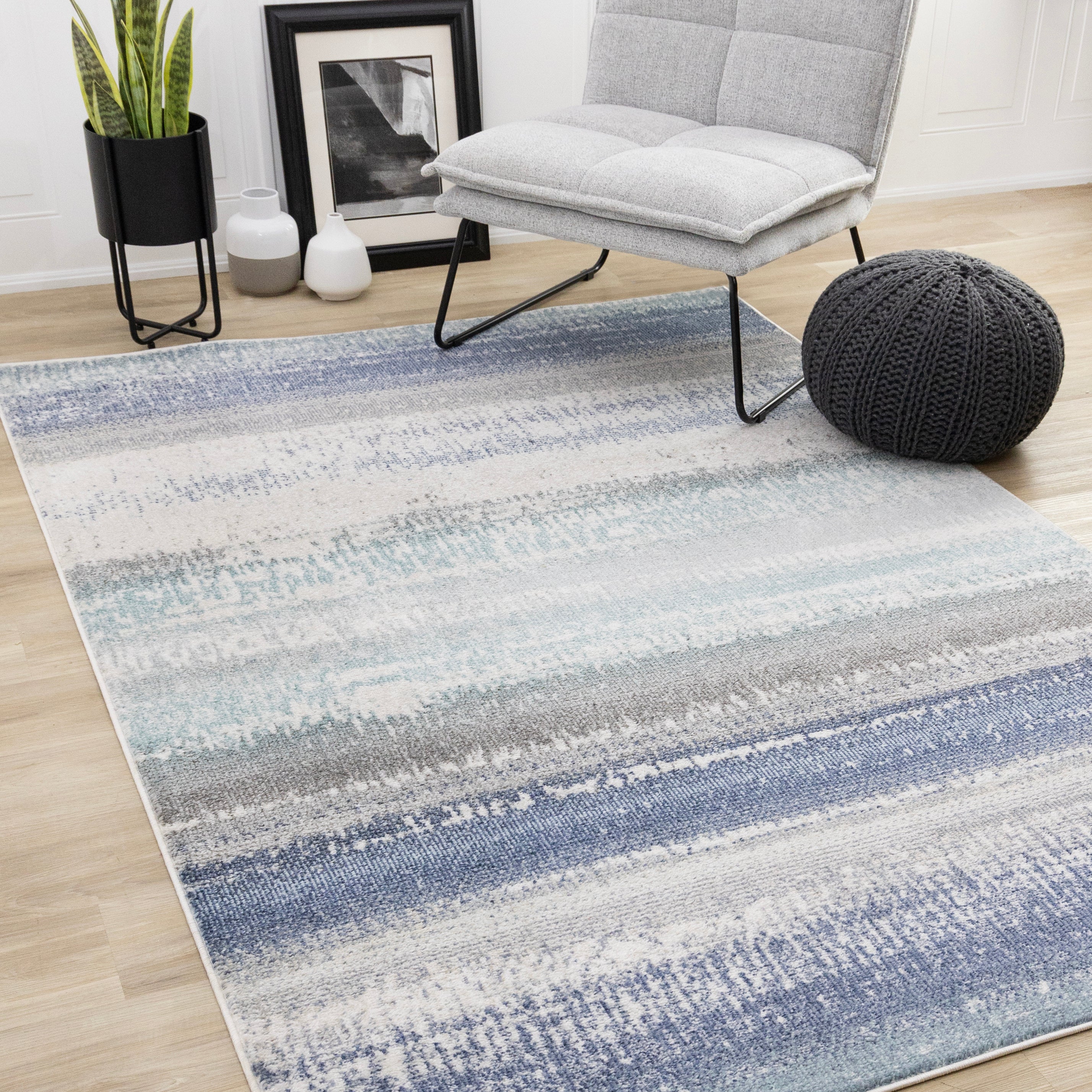 Fresco Blue White Grey Layered Distressed Rug