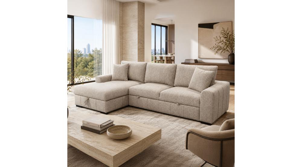 Gareth Sofa with Left Chaise & Bed & Storage in Taupe