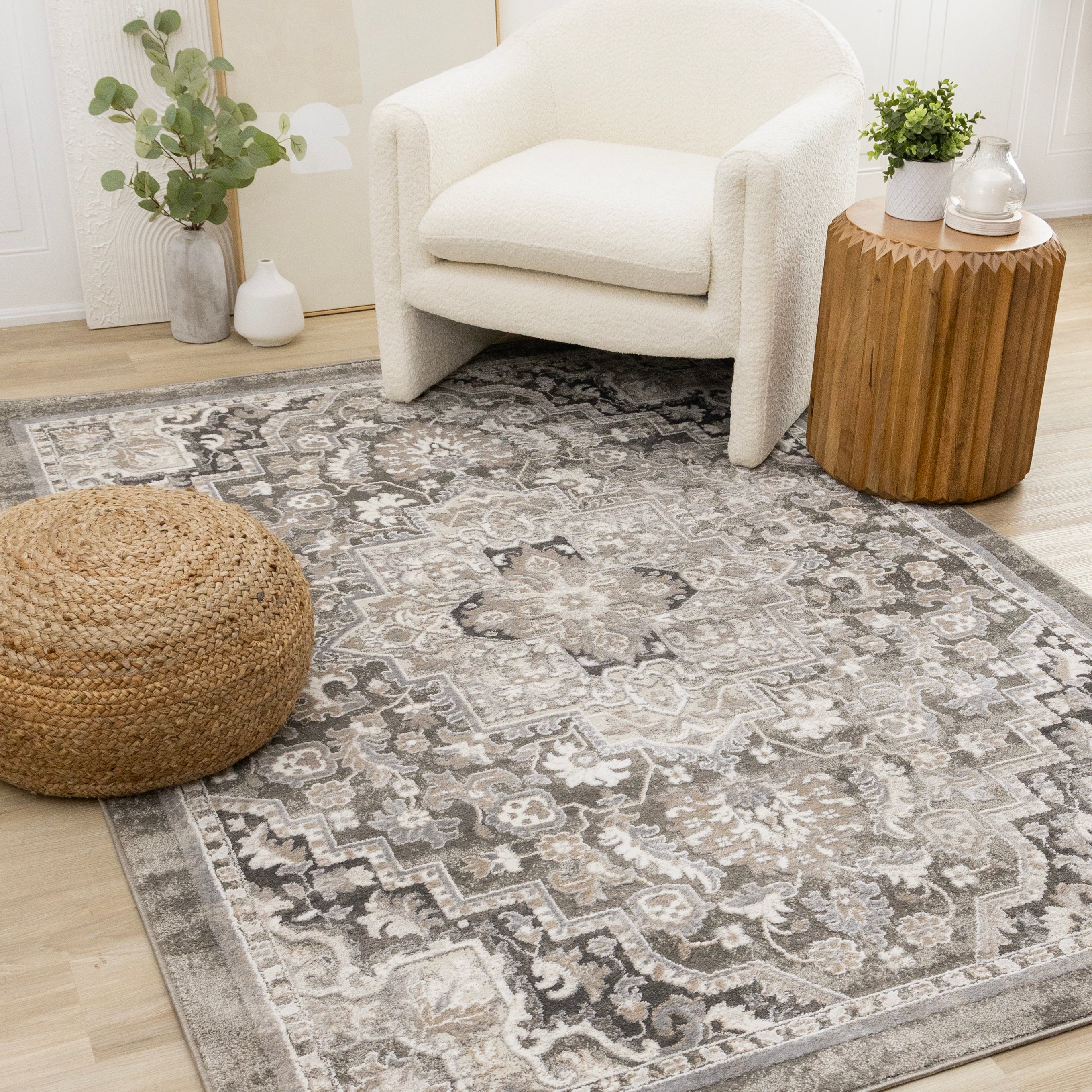 Hayden Taupe White Beige Elegant Classic Border Rug