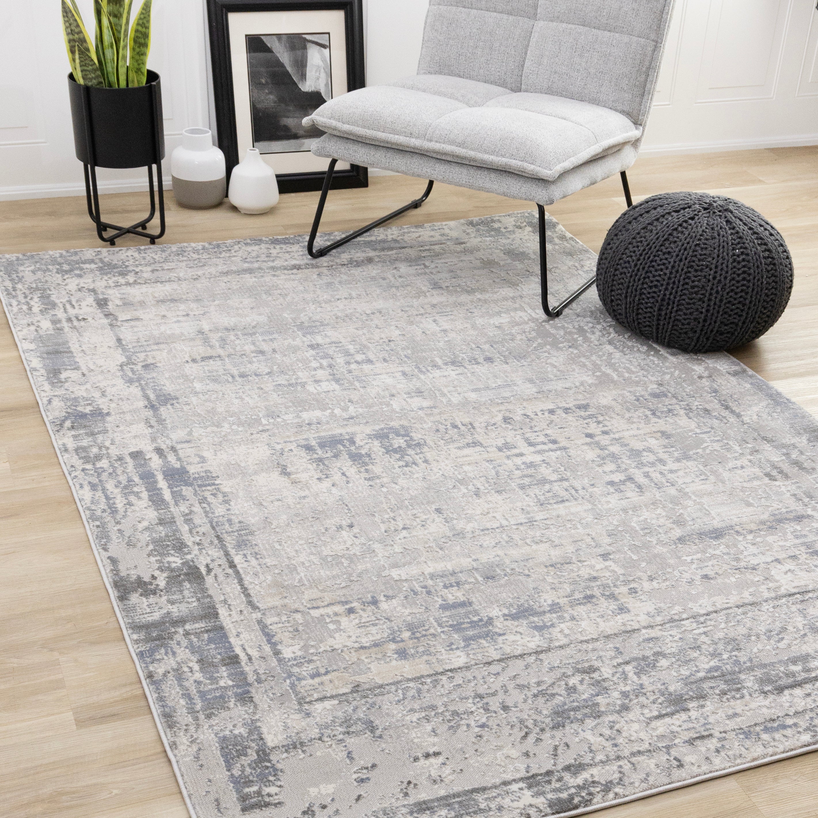 Luca Grey White Blue Distressed Border Rug