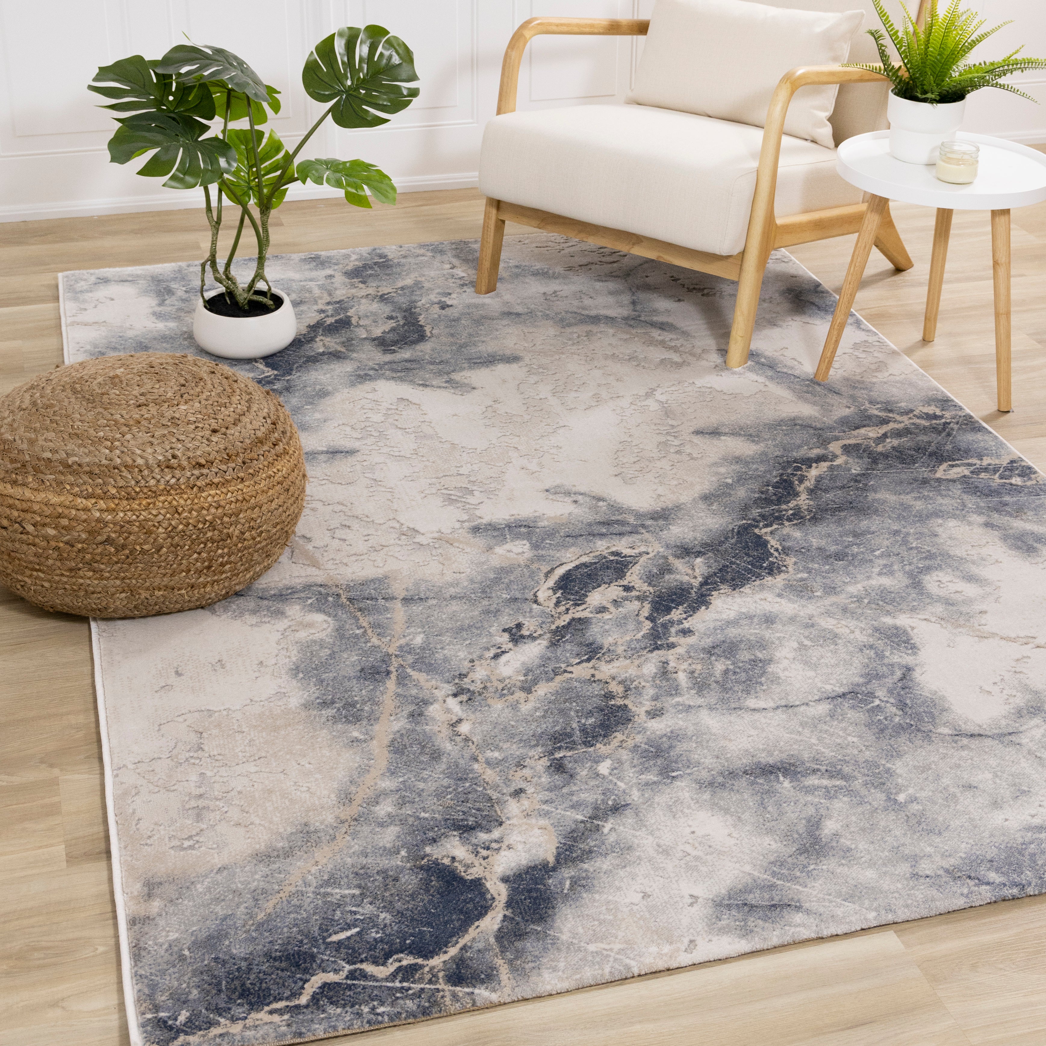 Luca Blue Cream Marble Print Rug