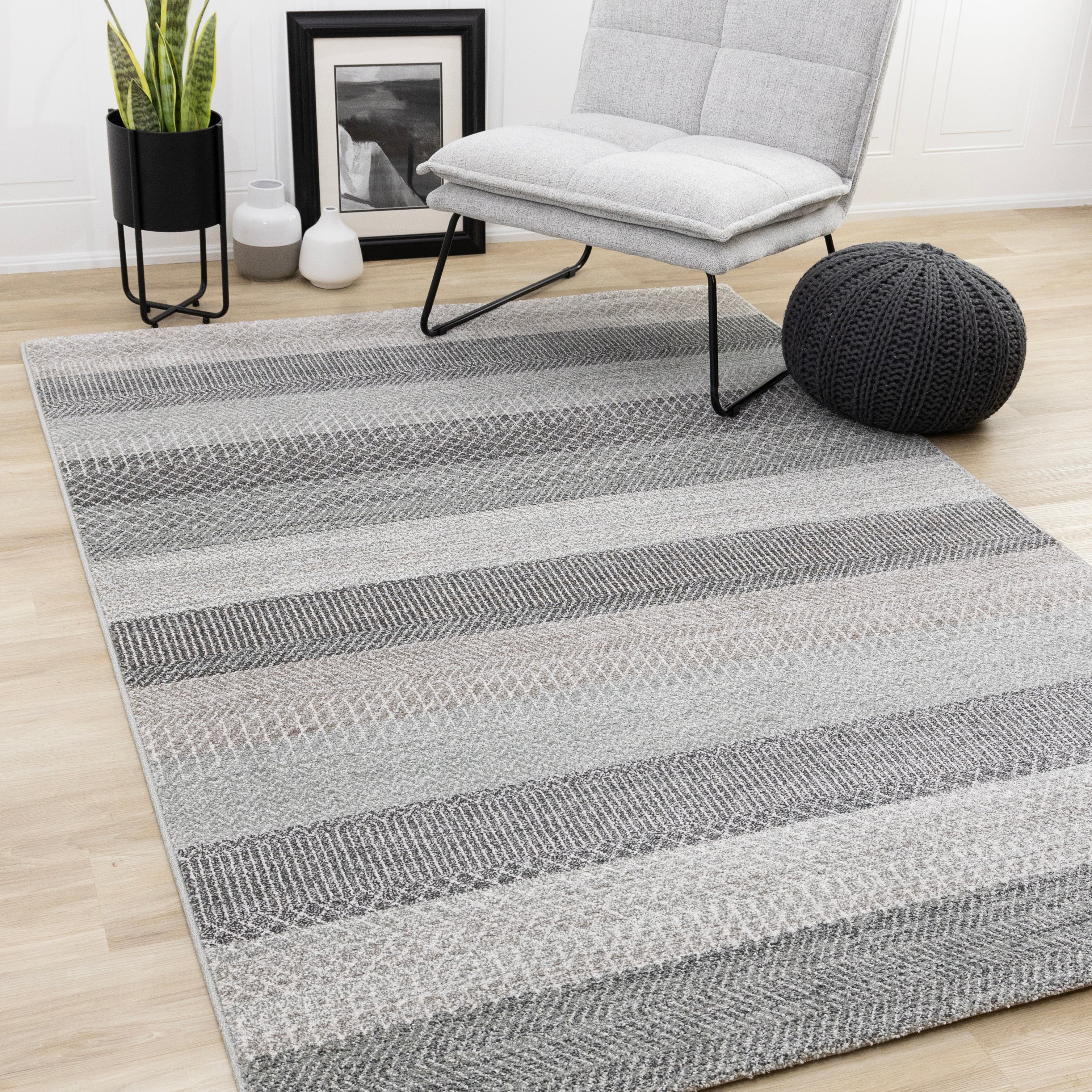 Mae Grey White Taupe Banded Pattern Rug