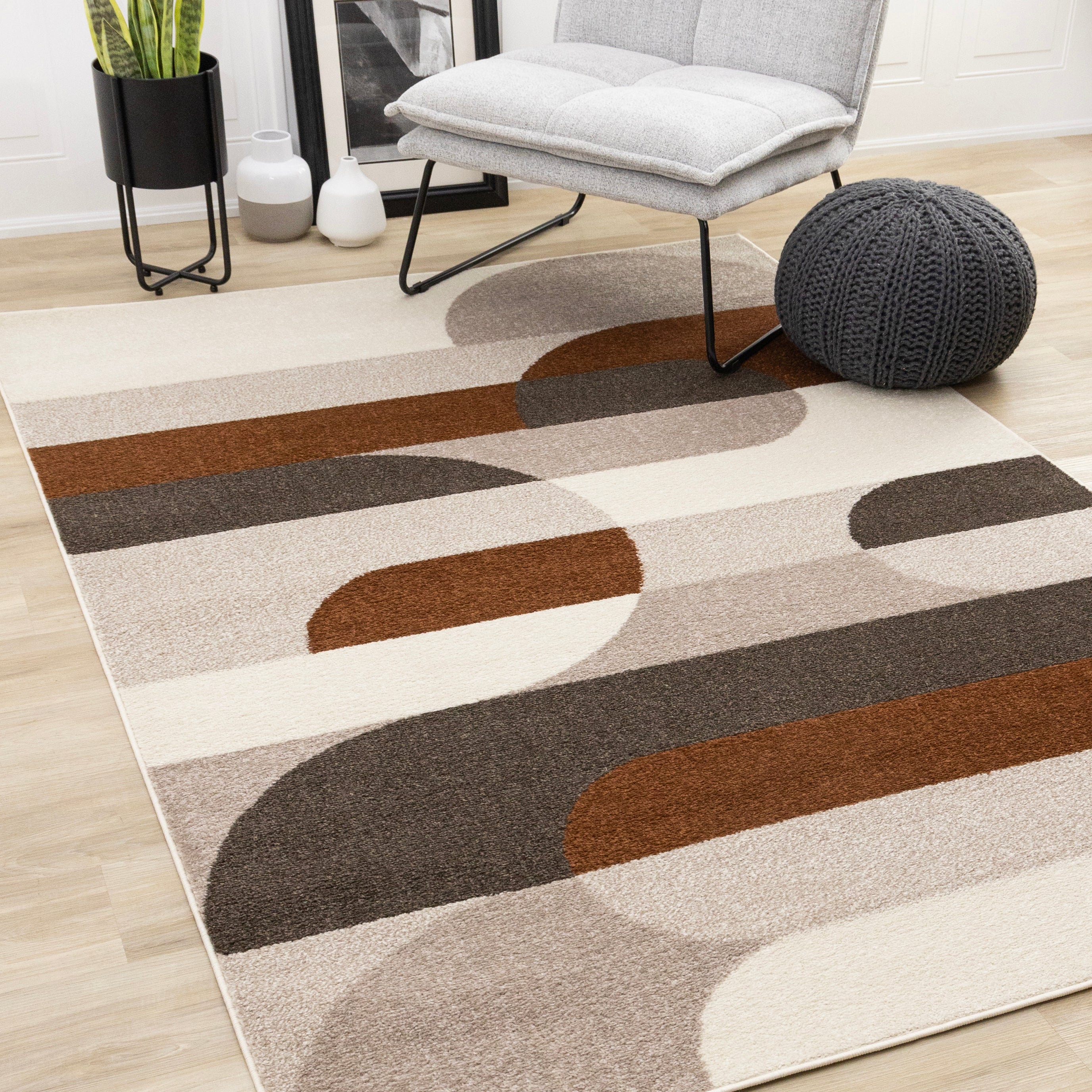 Malibu Taupe Oxblood Cream Striped Curvy Geometric Design Rug