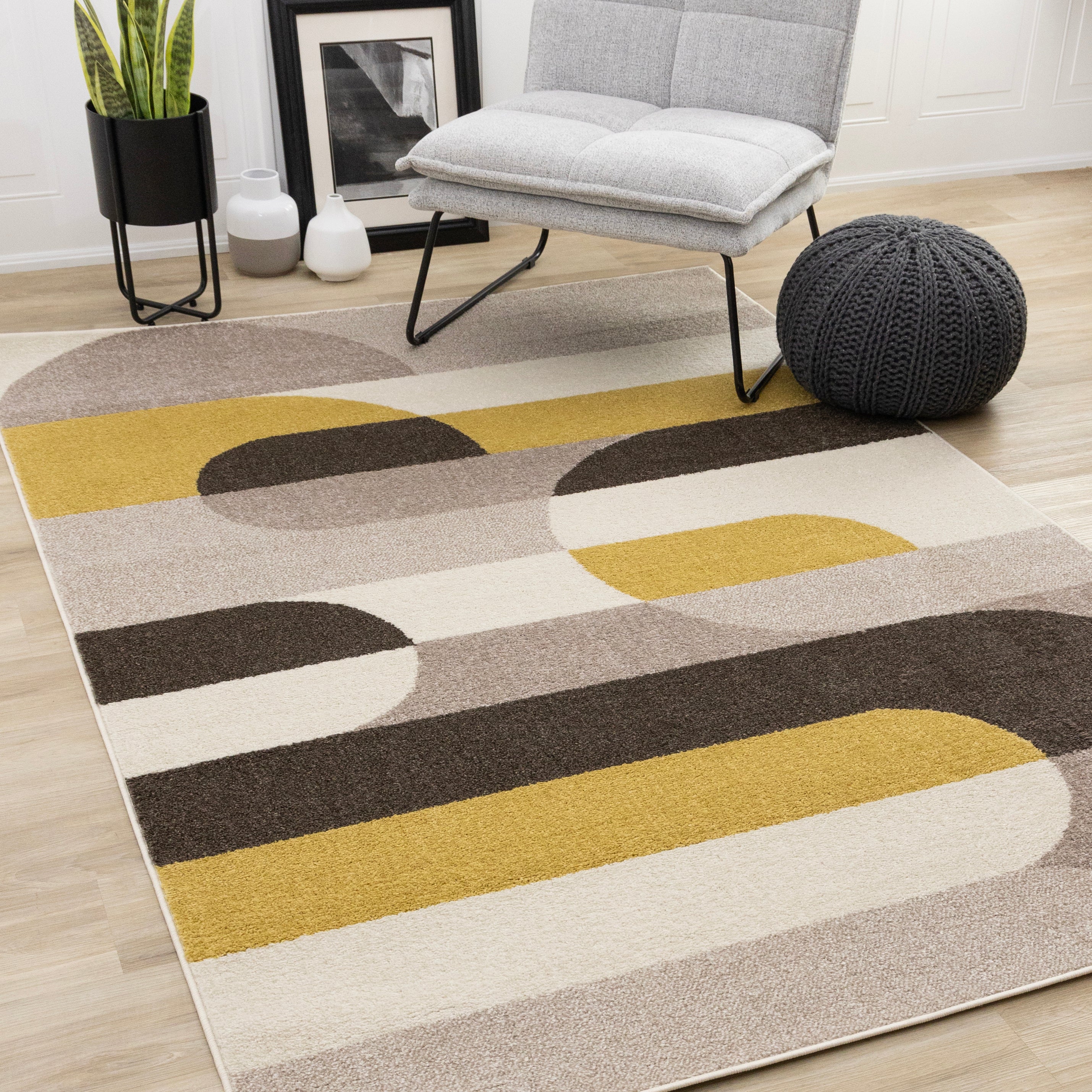 Malibu Taupe Yellow Cream Striped Curvy Geometric Design Rug