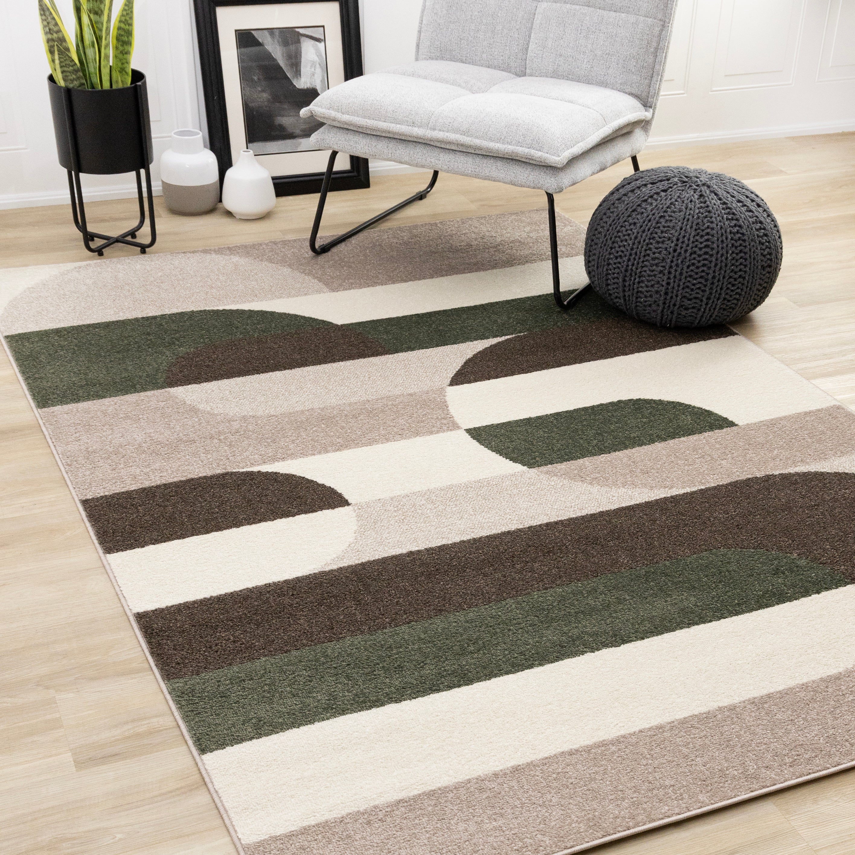 Malibu Taupe Green Cream Striped Curvy Geometric Design Rug