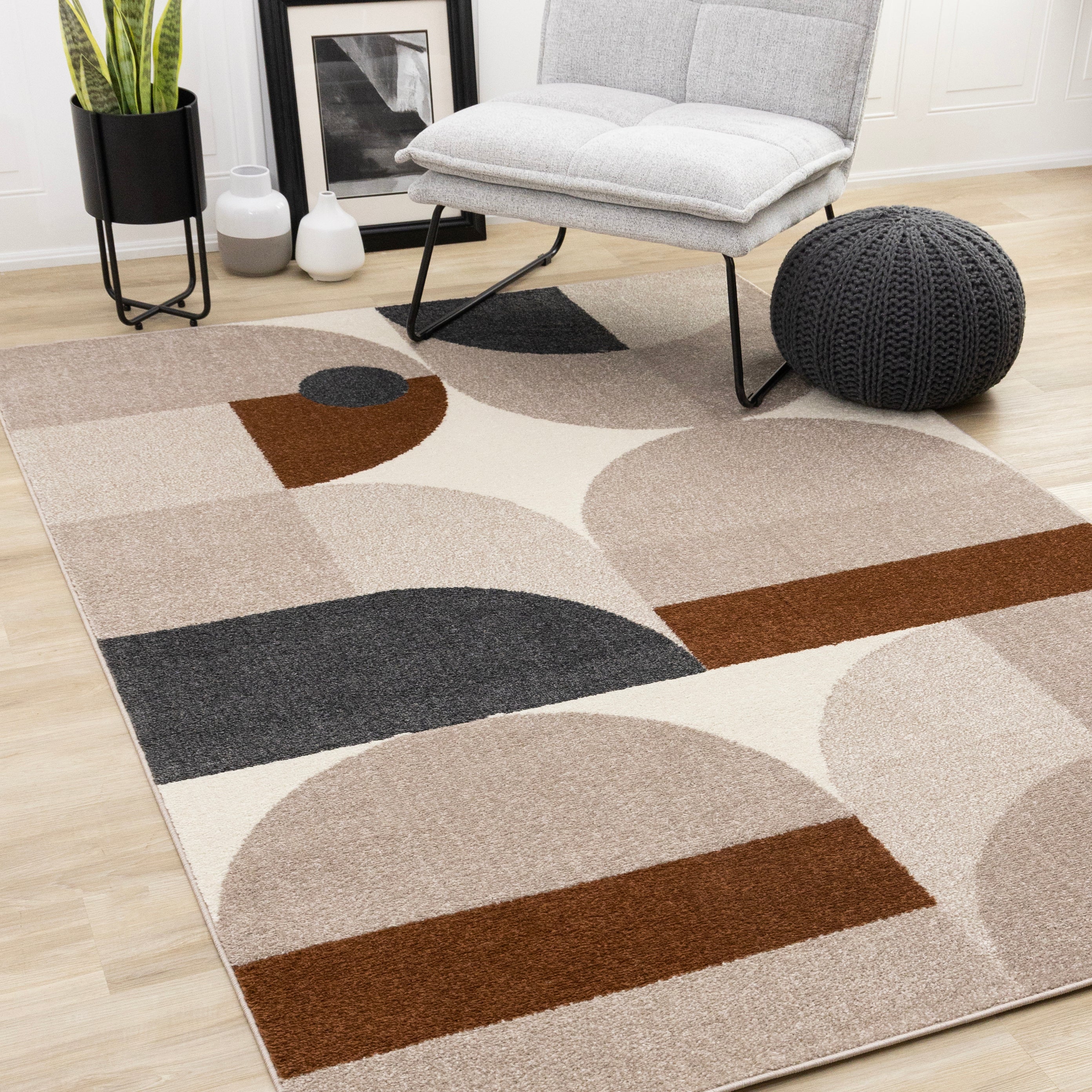 Malibu Taupe Oxblood Cream Curvy Geometric Design Rug