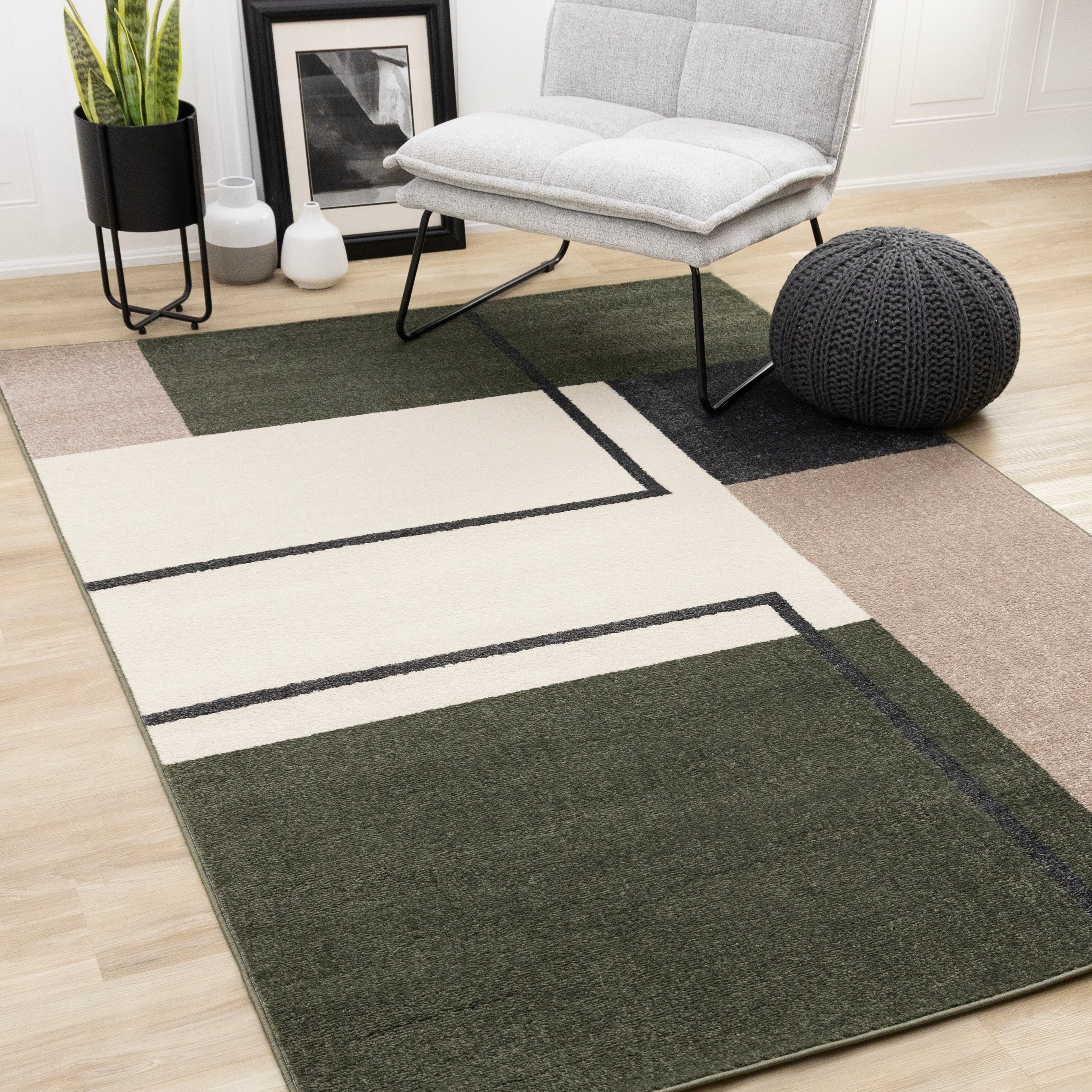 Malibu Green Grey White Modern Geometric Design Rug