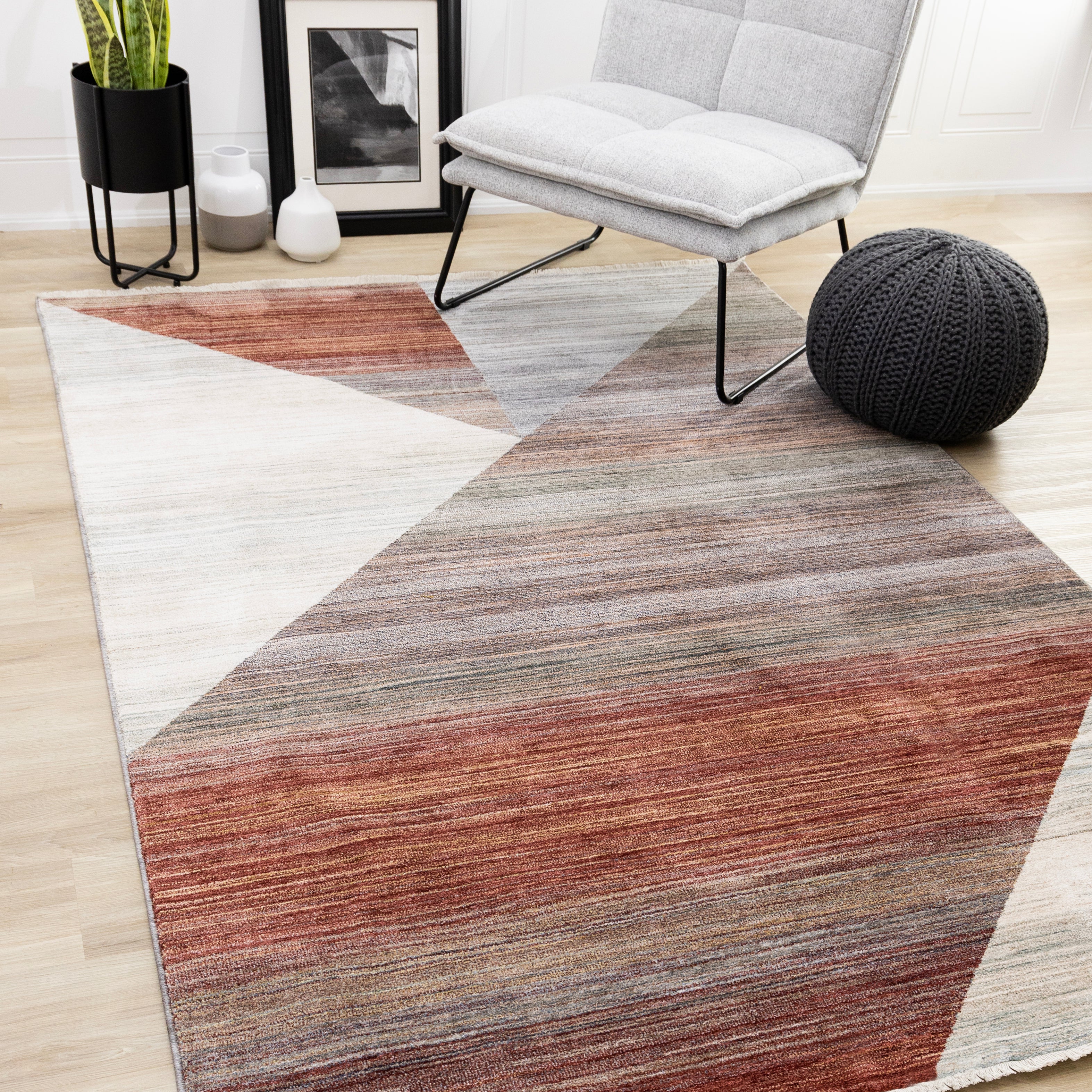 Marisa Red White Grey Distressed Geometric Design Rug