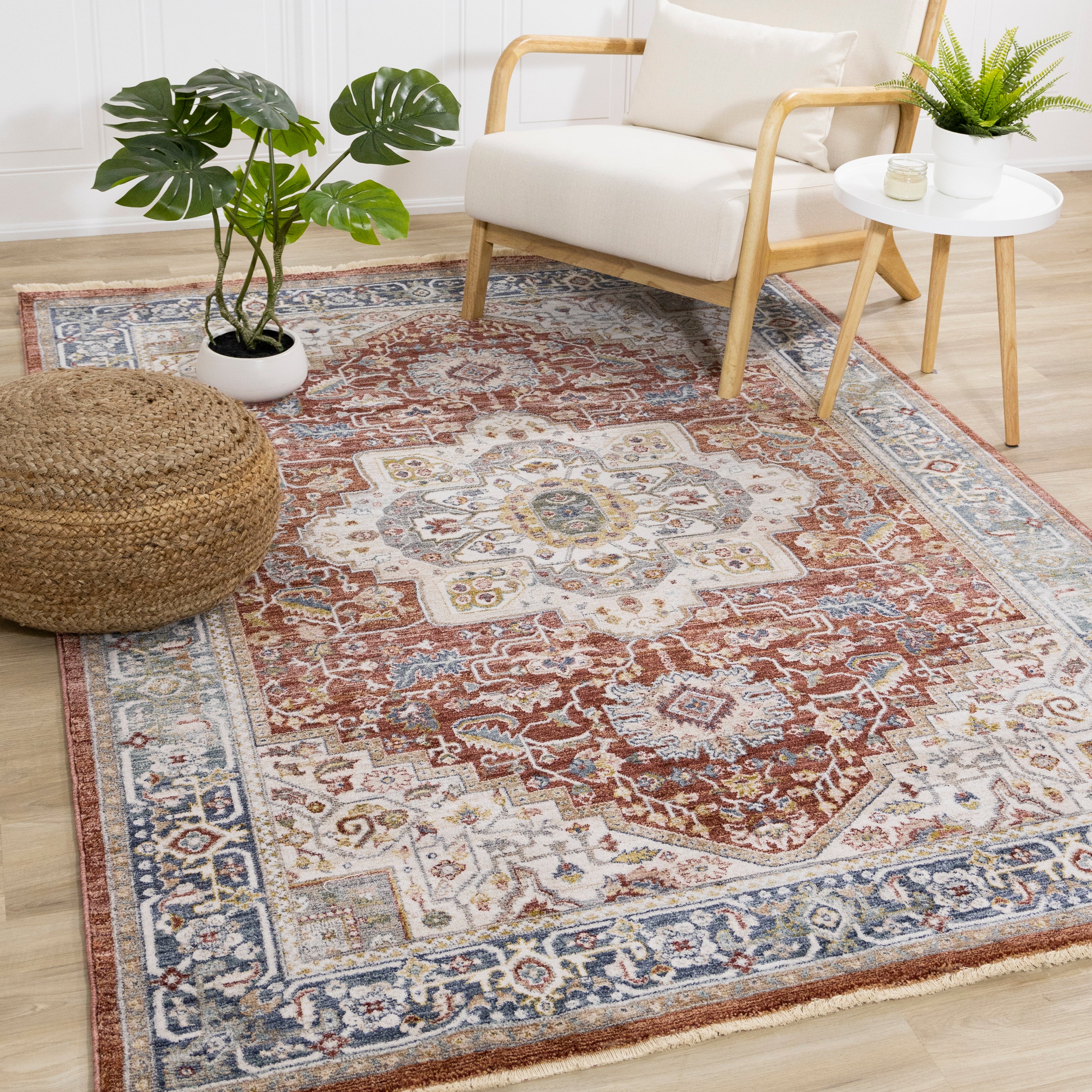 Marisa Red Blue Cream Floral Medallion Rug