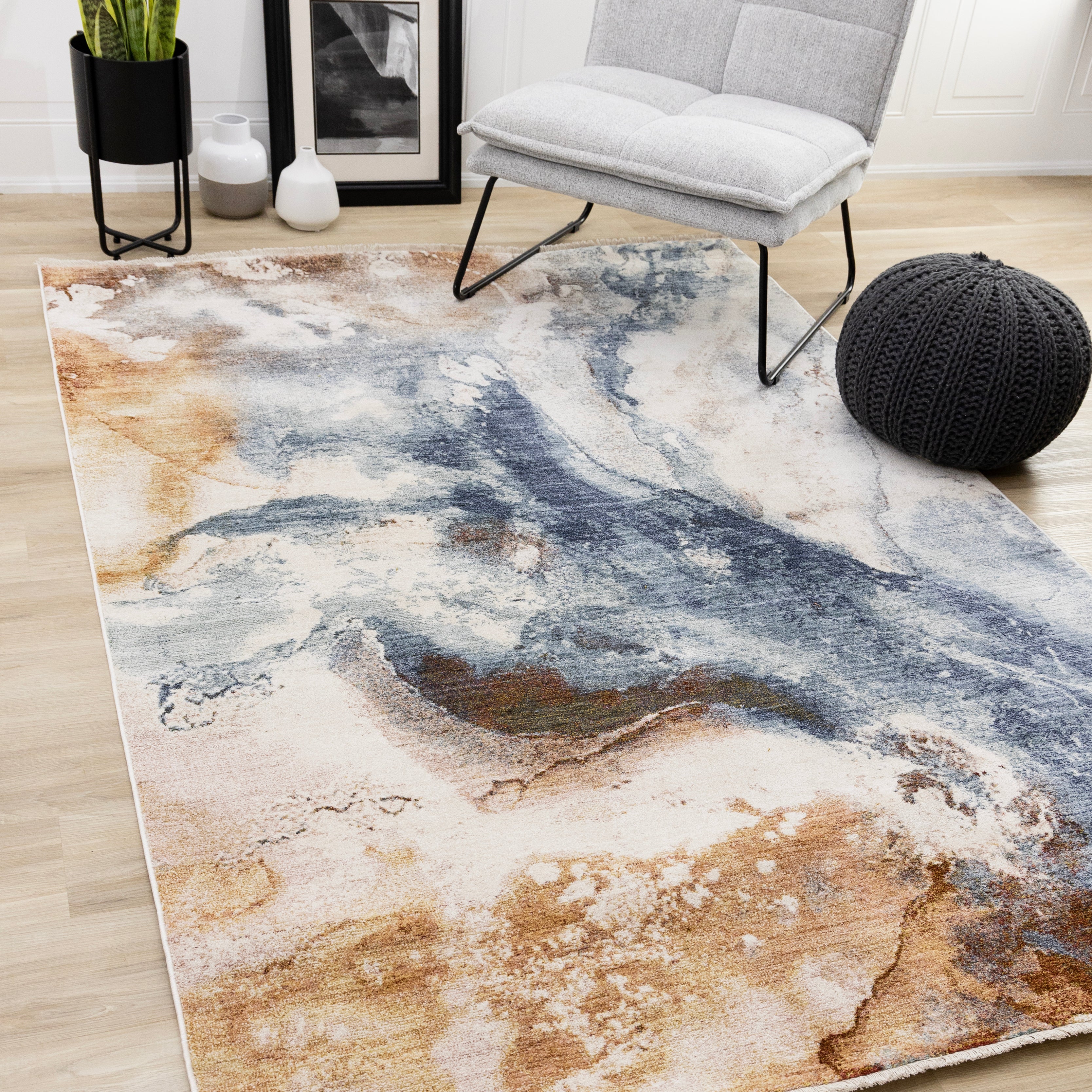 Marisa Blue Orange White Granite Swirl Rug