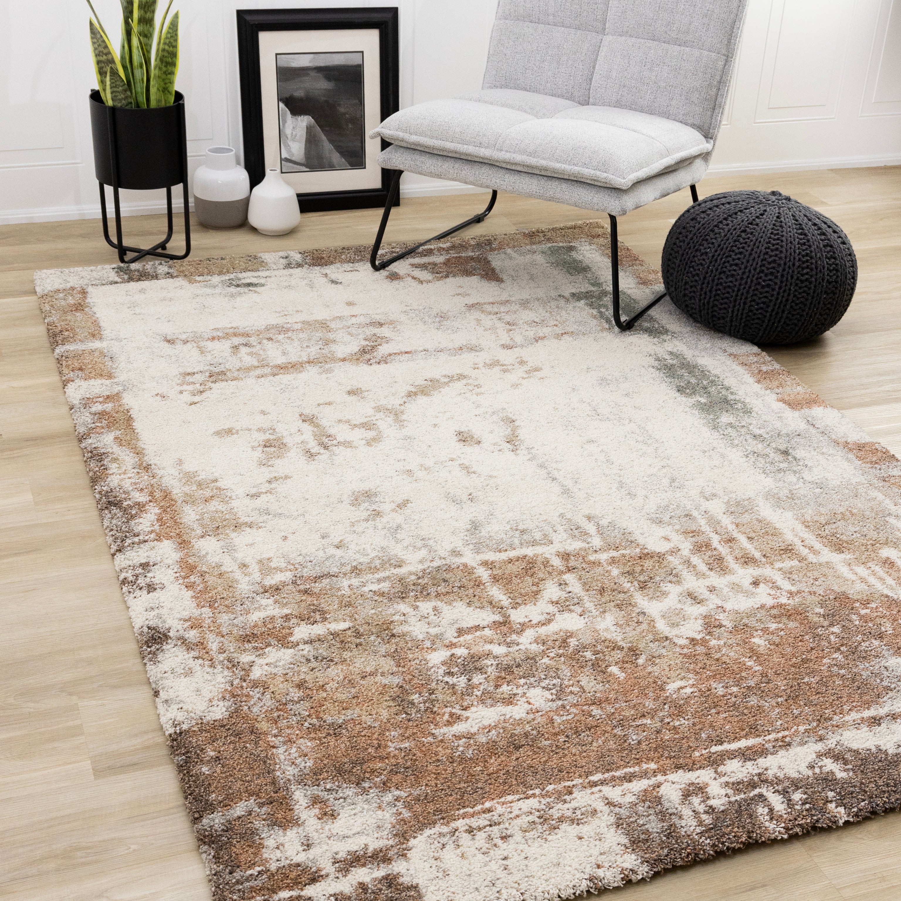 Marquis Orange White Beige Green Organic Distressed Design Rug