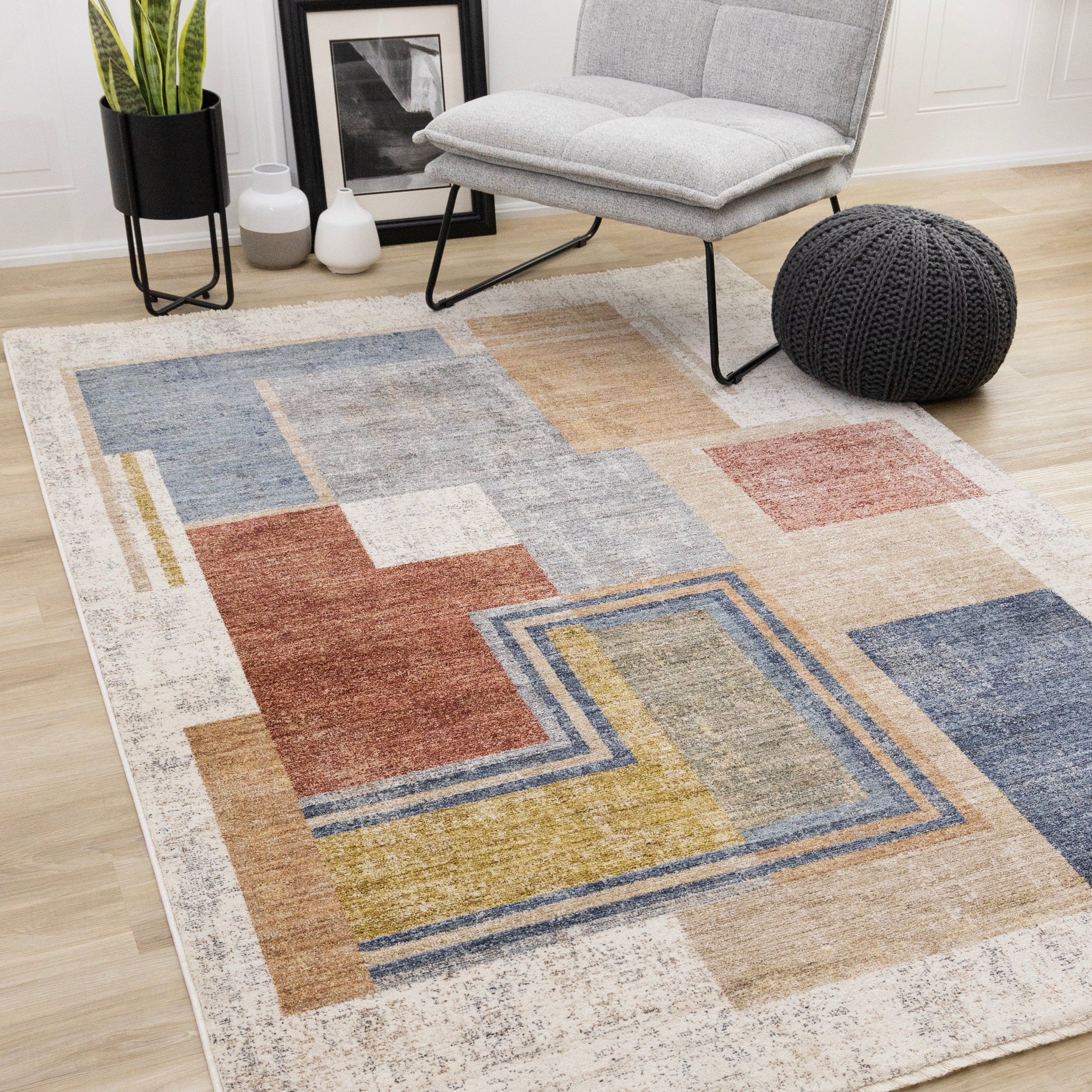 Muse Blue Red Orange Cream Layered Geometric Design Rug