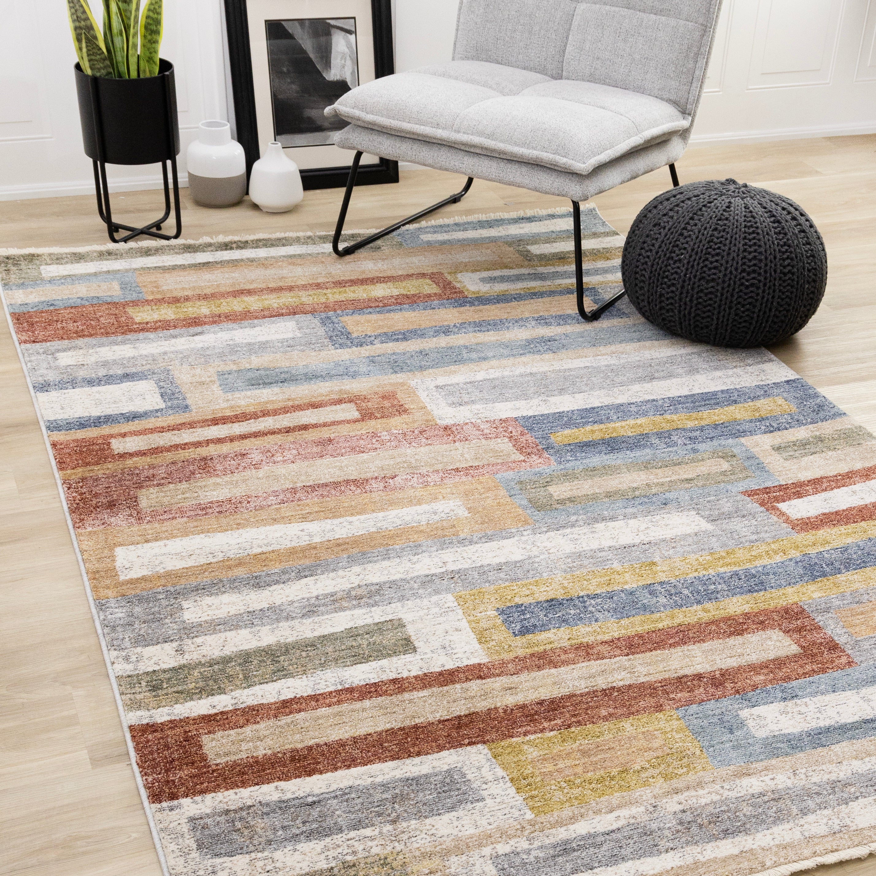 Muse Orange Red Blue Yellow Beige Layered Brick Design Rug