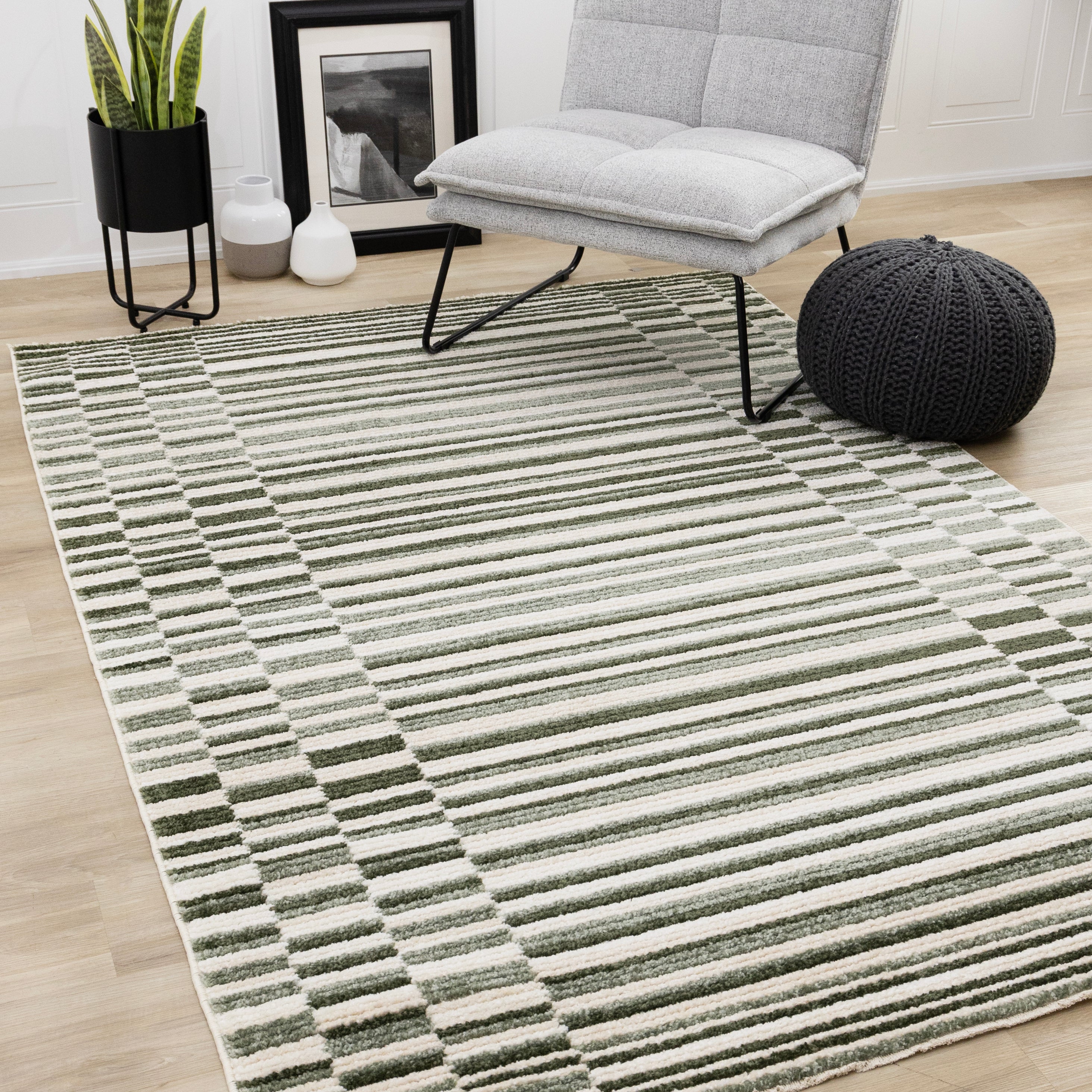 Nala Green Cream Striped Rows Pattern Rug