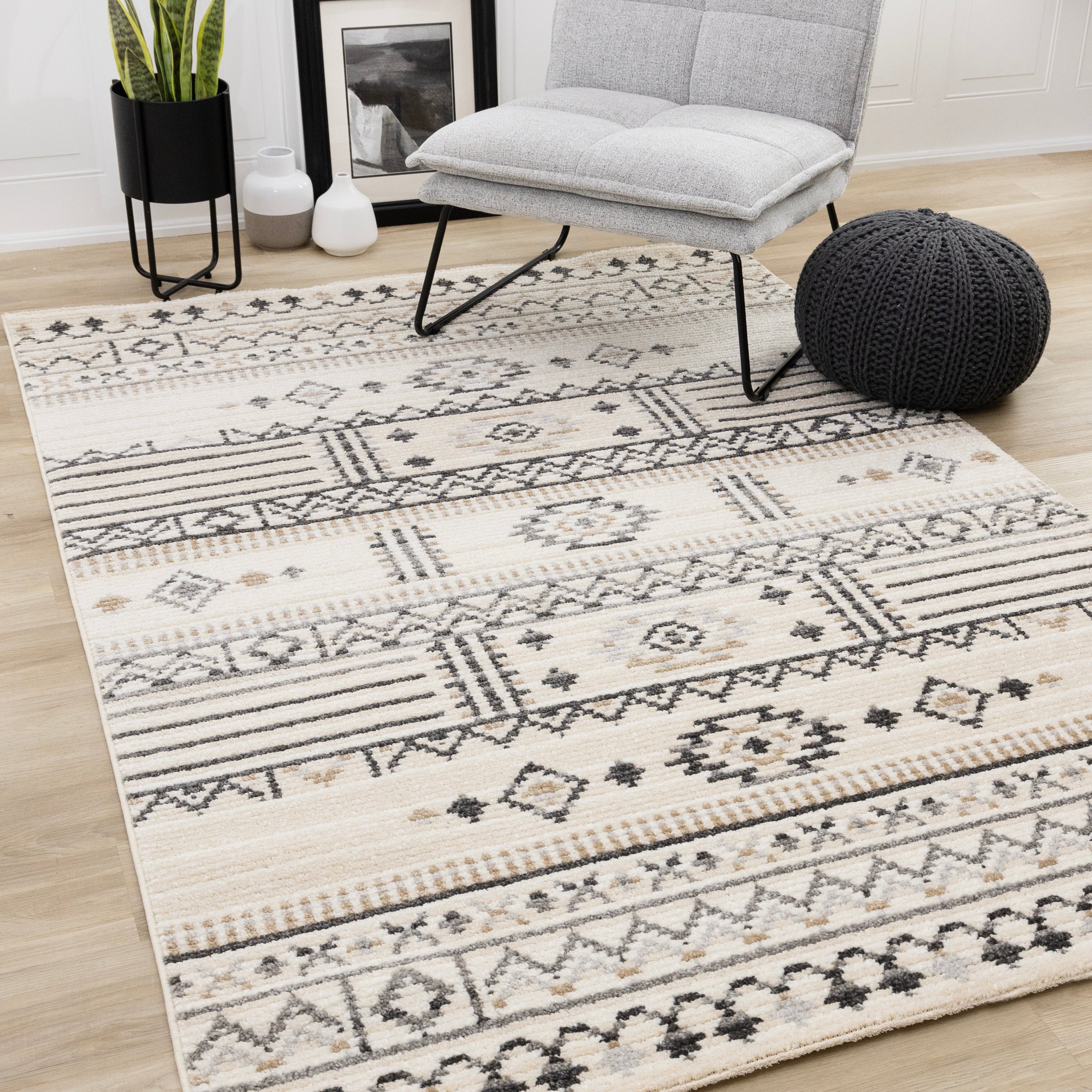 Nala Cream Grey Black Beige Southwestern Pattern Rug