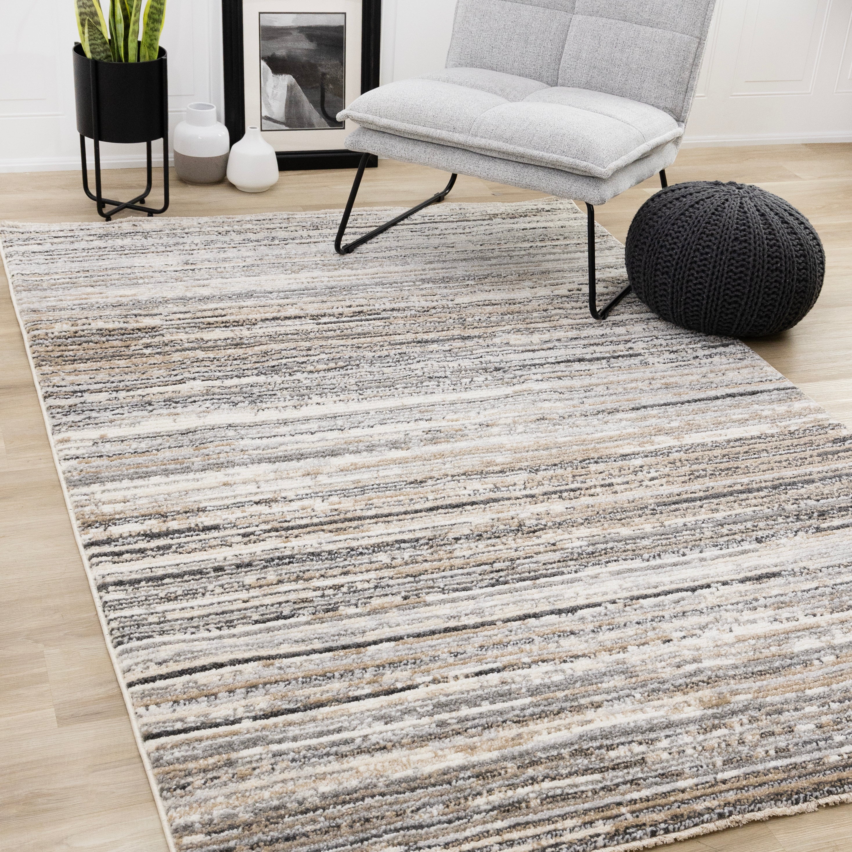 Nala Crean Grey Black Beige Distressed Lines Rug