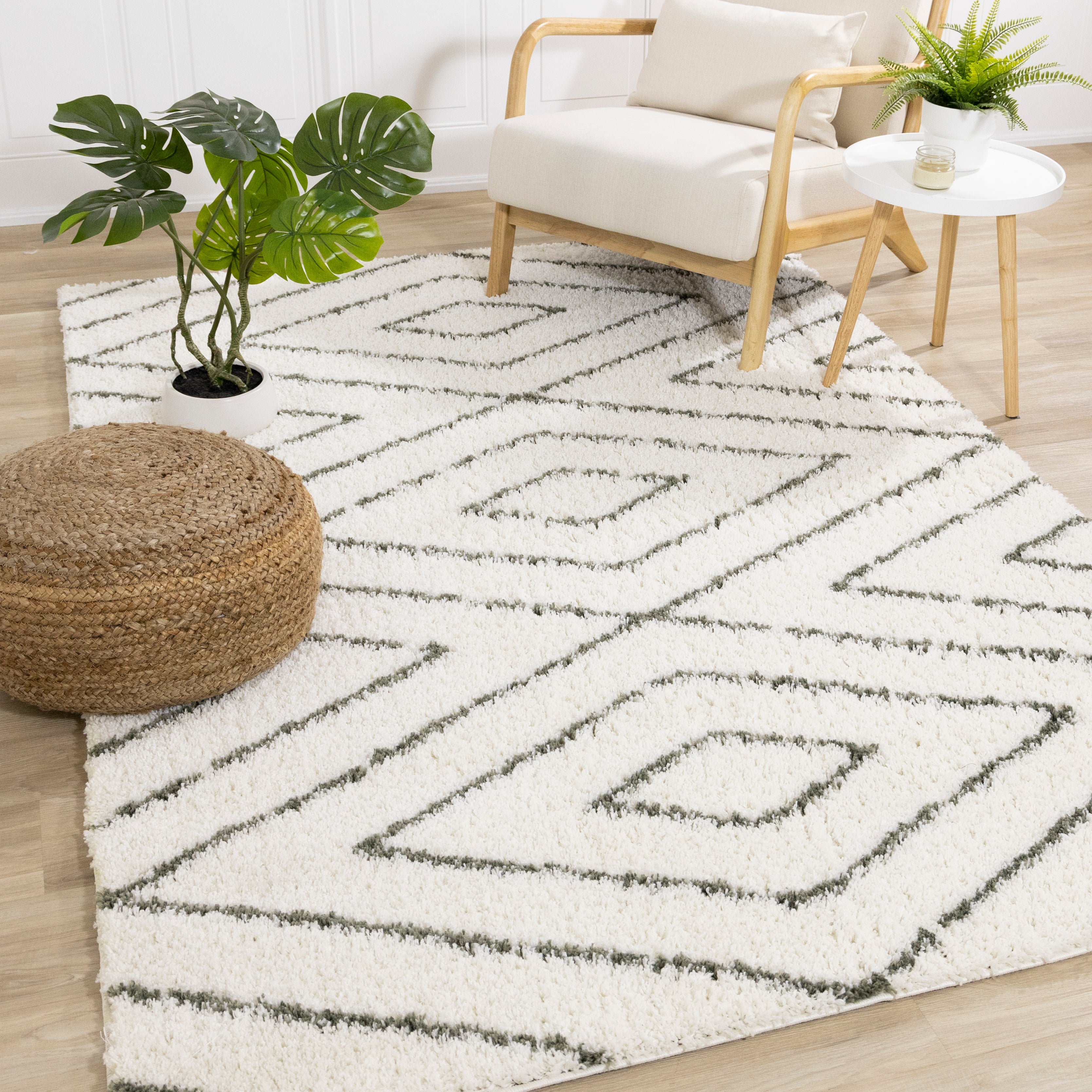 Pascal Cream Green Geometric Shag Rug